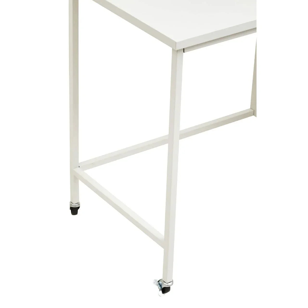white metal table leg frame with caster wheels on white background