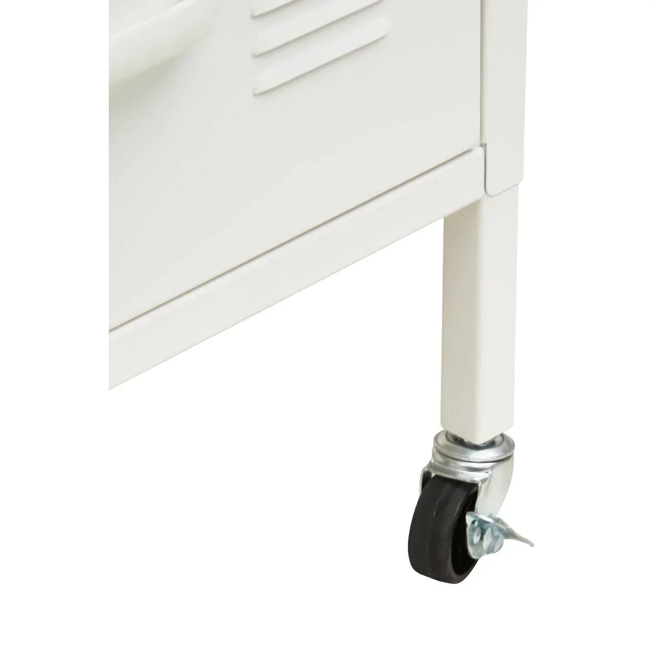 White metal furniture leg with black caster wheel and brake detail