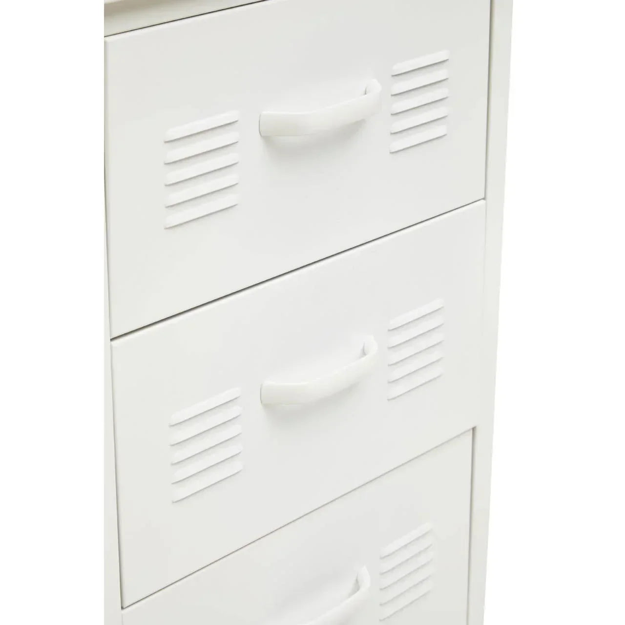 White metal locker-style storage drawers with handles and vent detail, close view