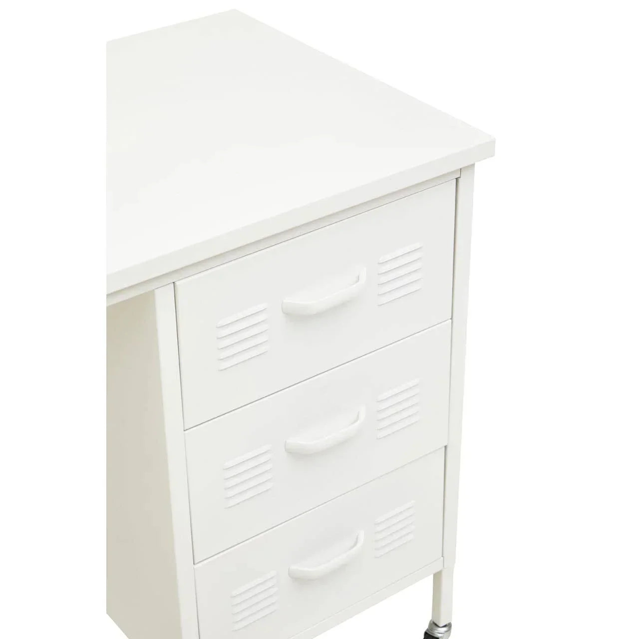White metal storage cabinet with three drawers and curved handles, corner angle view