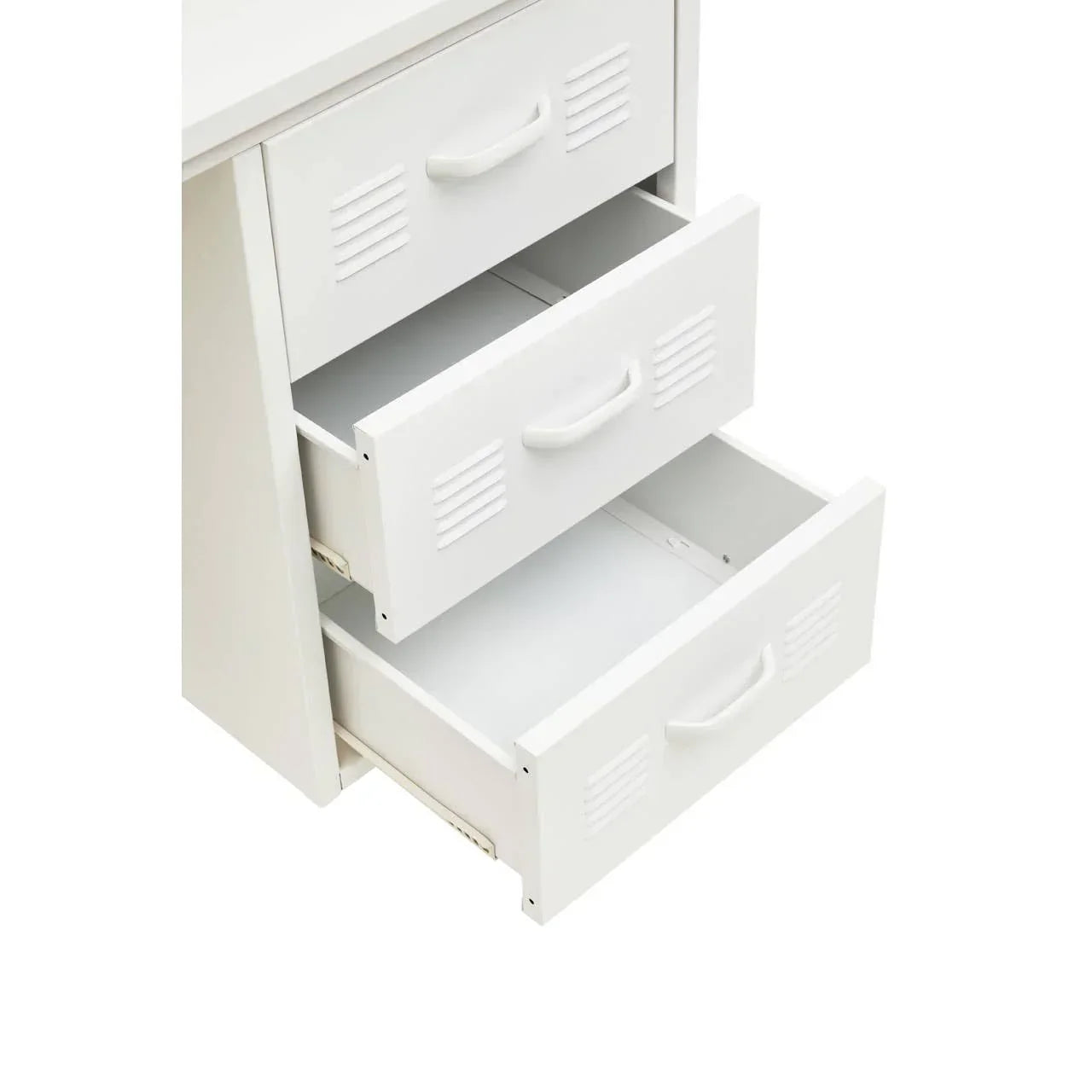 White storage cabinet with three open drawers and vented fronts, close-up view