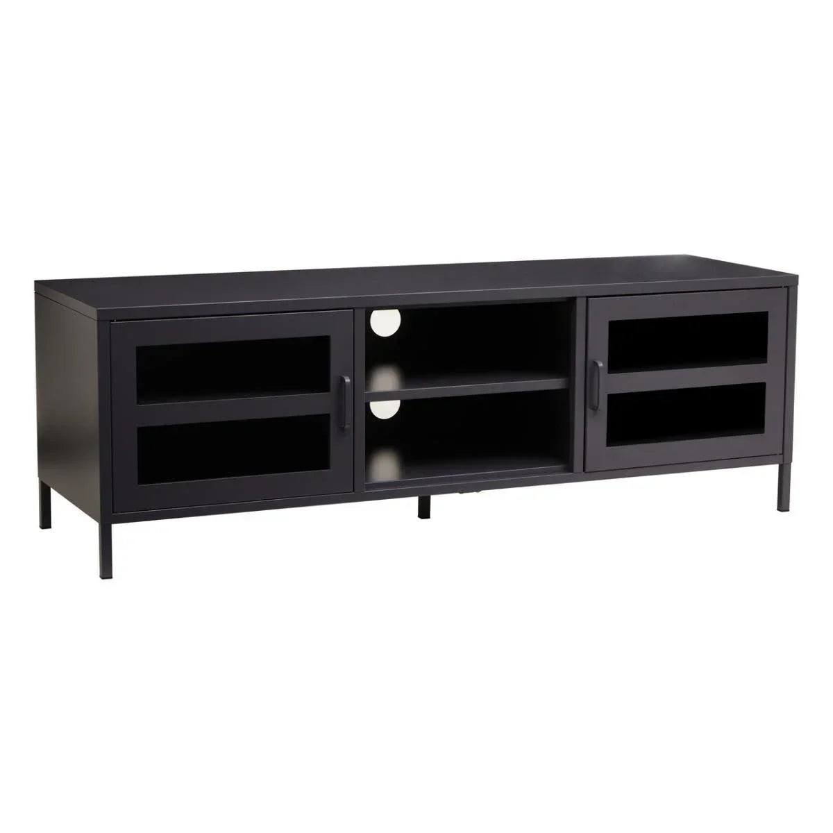 Black TV unit with glass doors, open shelves and cable management holes