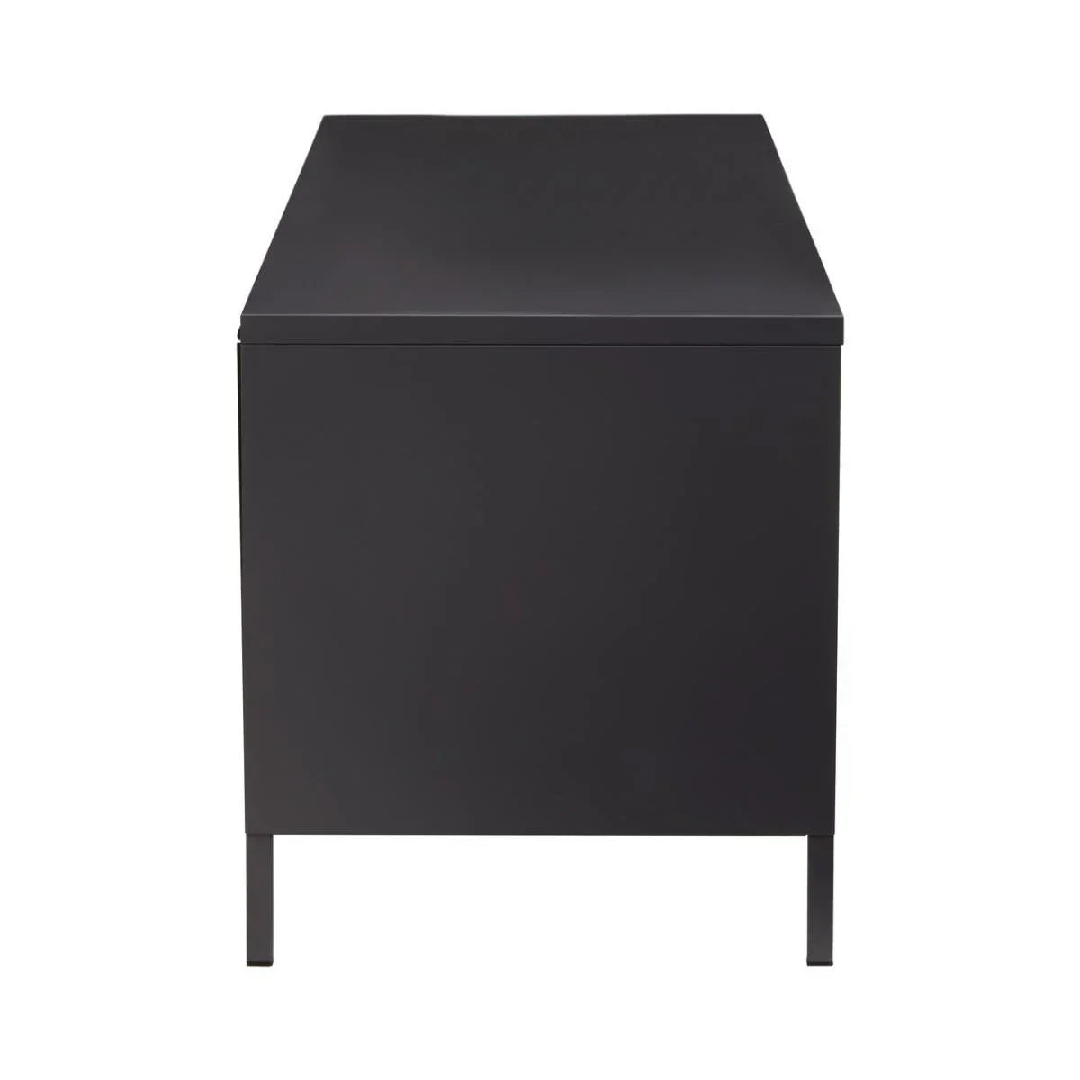 Side view of modern black cabinet with clean lines and metal legs