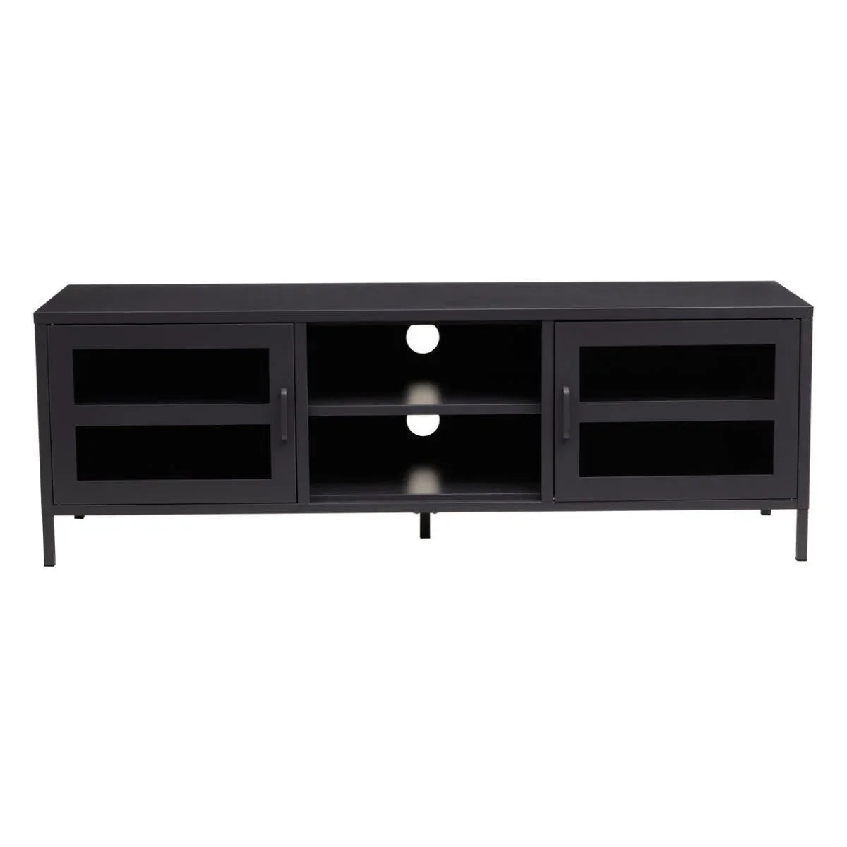 Black metal TV unit with glass doors and open shelving for media storage