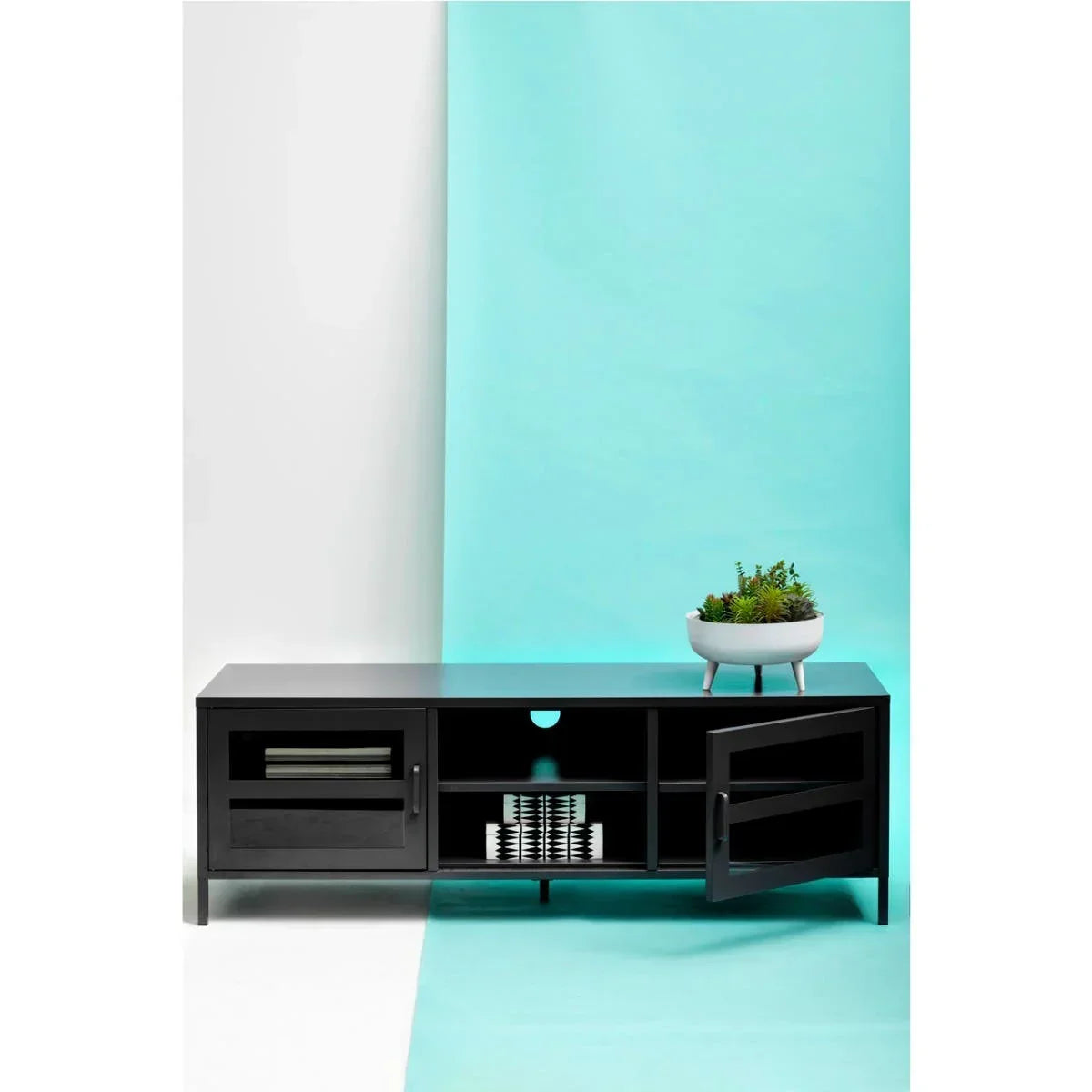Black TV unit with open door, shelving, and potted plant on top against blue background