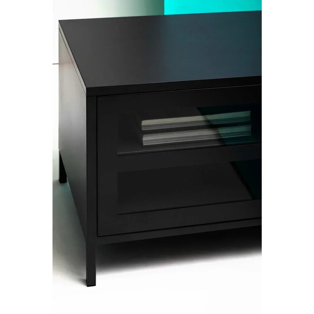 Black coffee table with glass-front drawer and modern straight-leg design