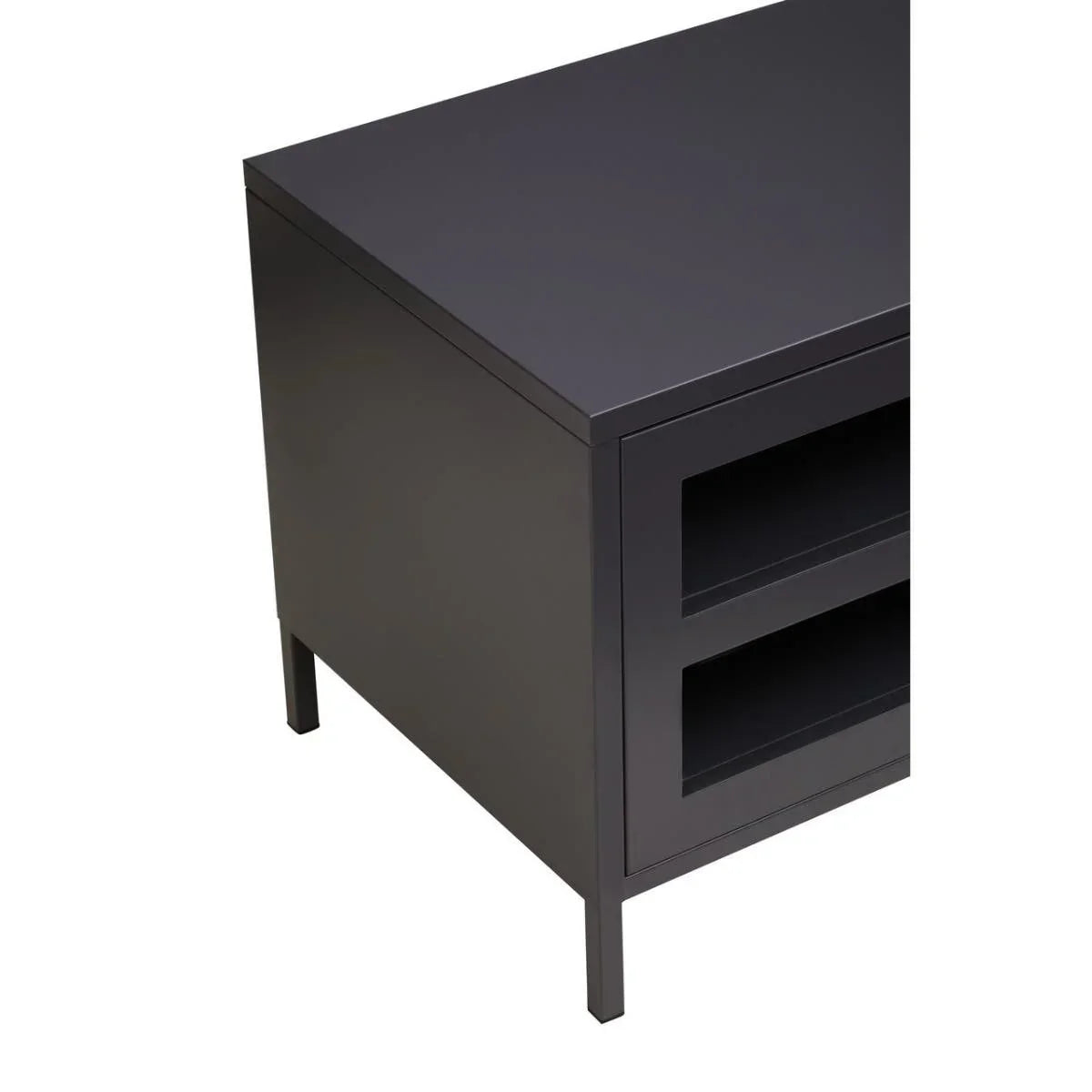 Black metal side table with open shelves and clean lines, angled corner view