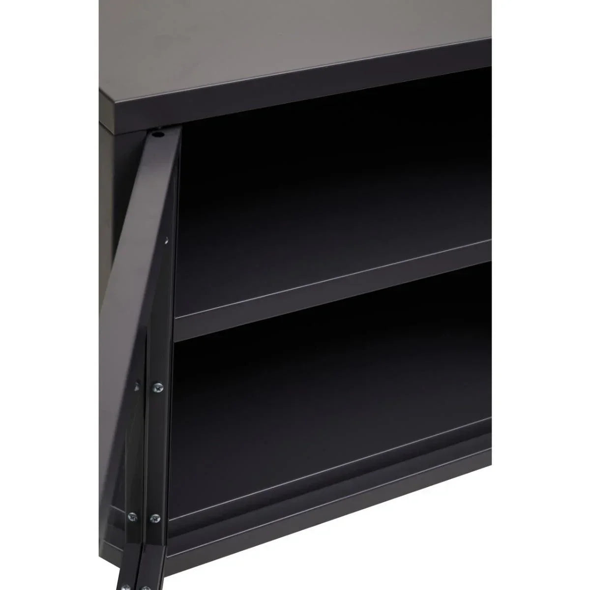Black metal storage cabinet with open door showing two interior shelves