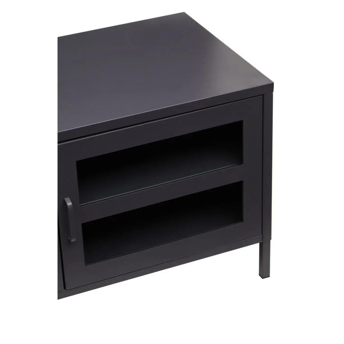 Black metal side table with glass door and open shelves, angled corner view