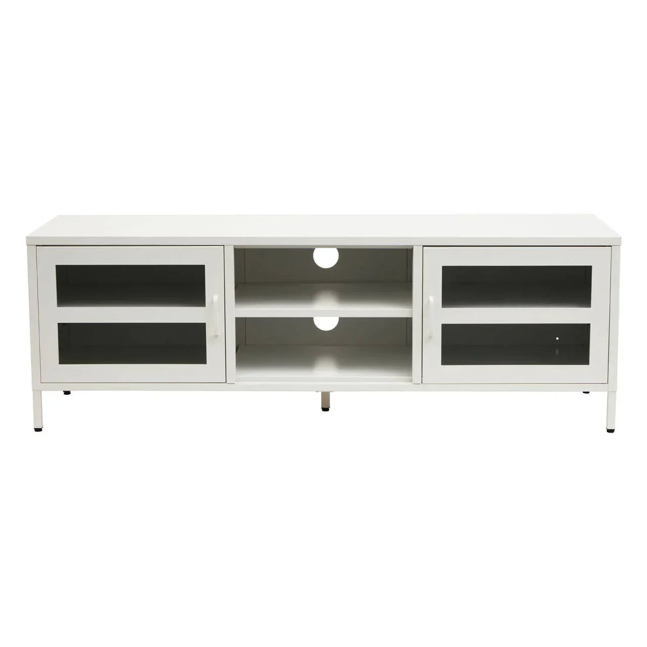 White TV unit with glass doors, metal frame, open shelves and cable management holes