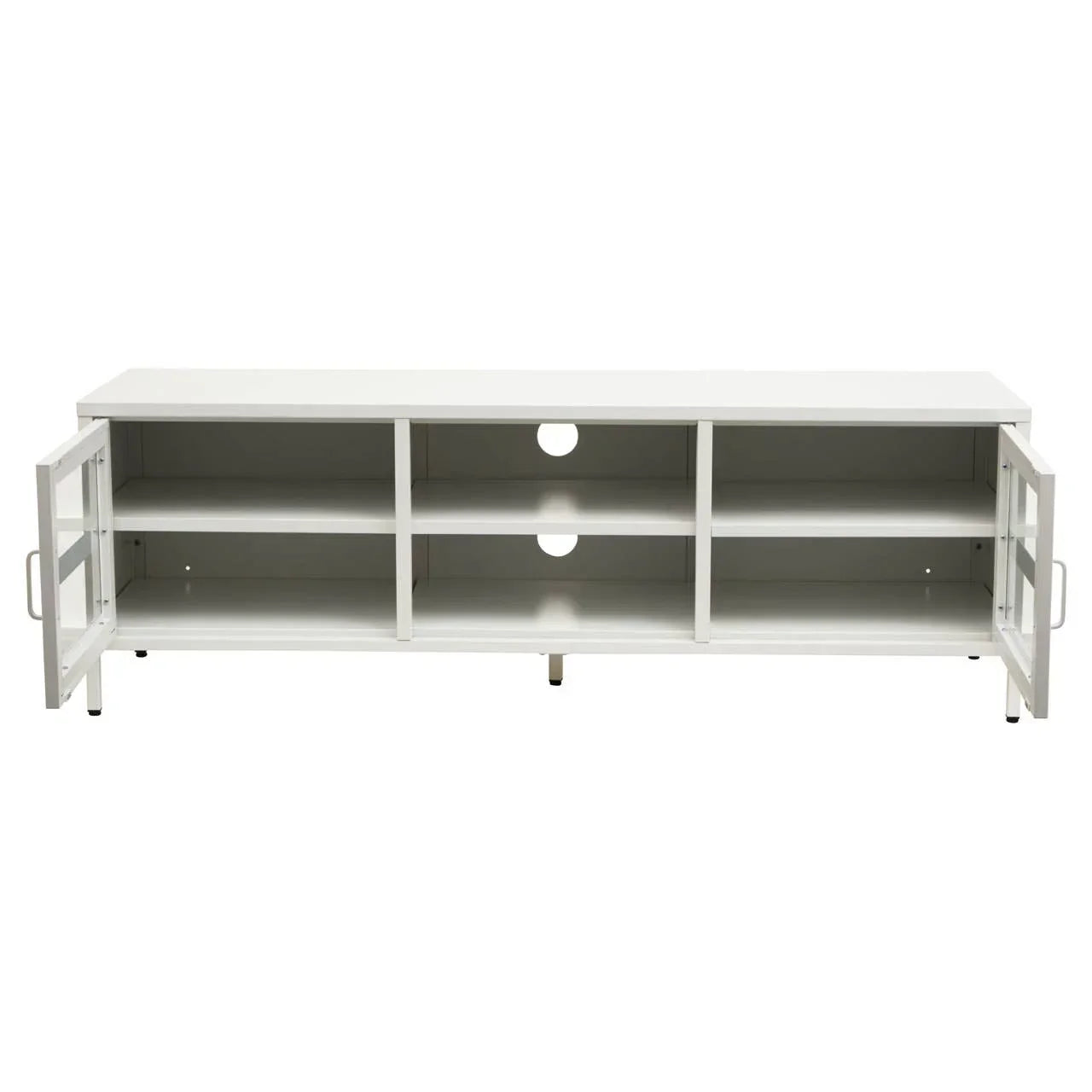 White TV unit with glass doors, three open shelves and cable management holes, front view