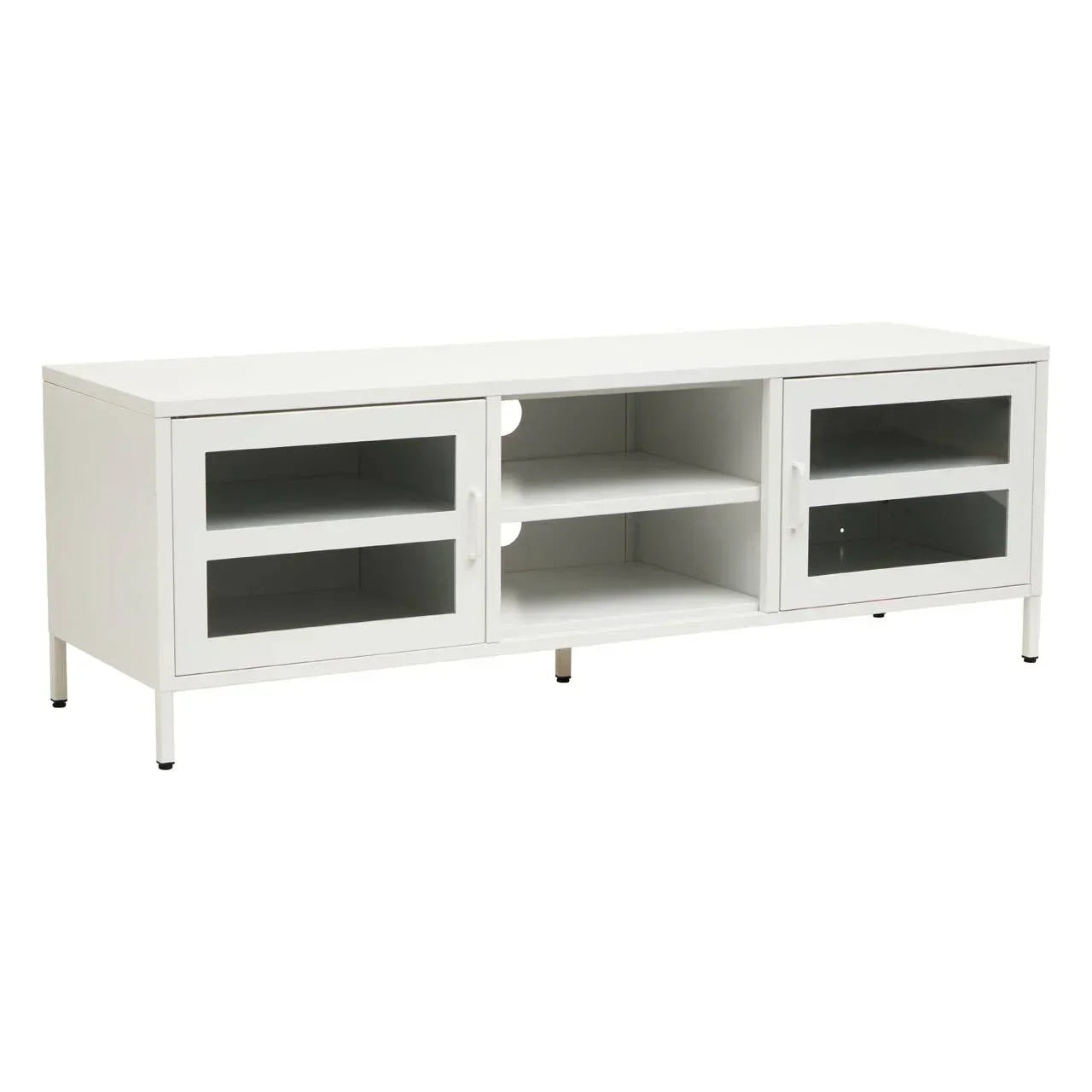 White TV unit with glass doors, open center shelves and metal legs