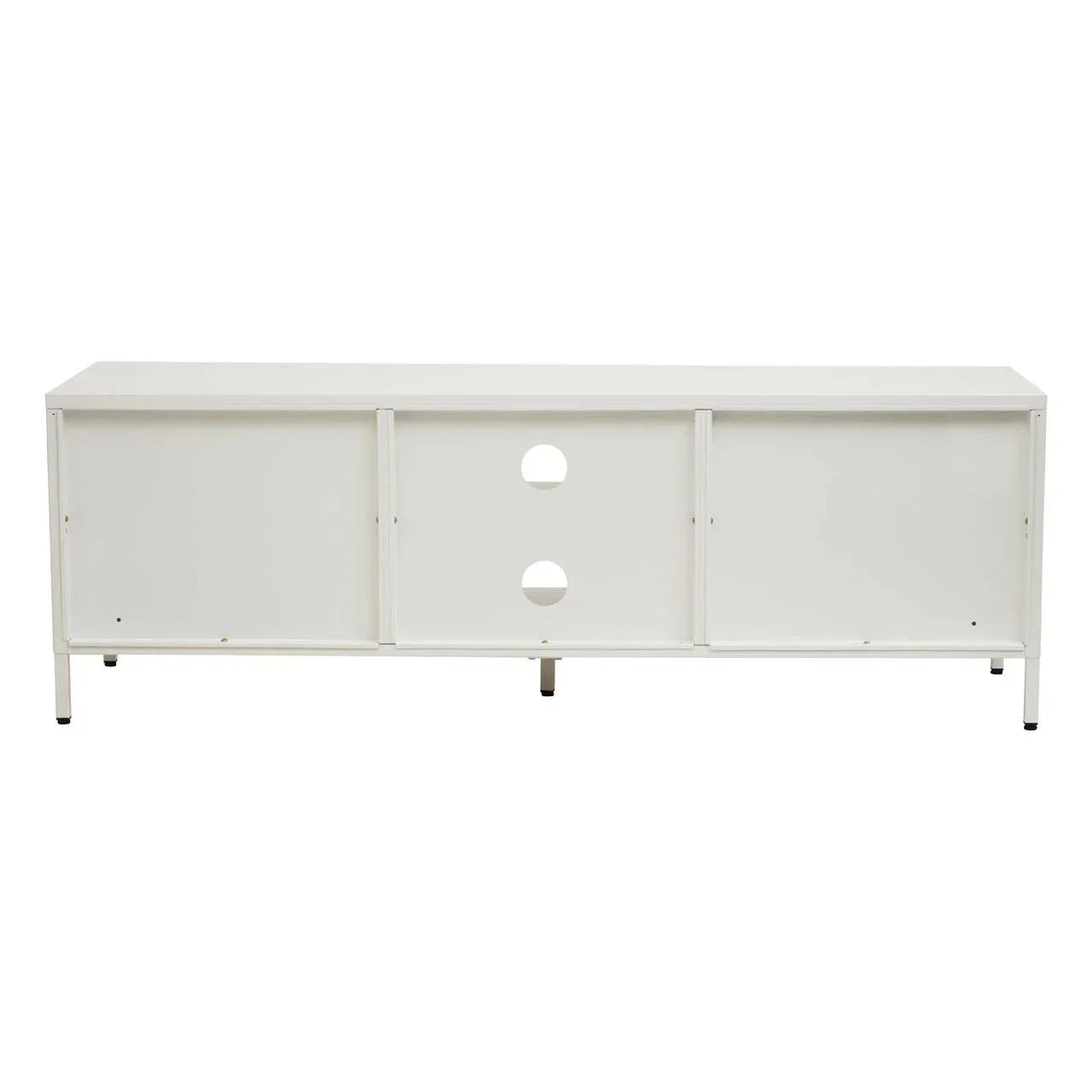 White media unit with sliding doors and cable management holes, straight front view