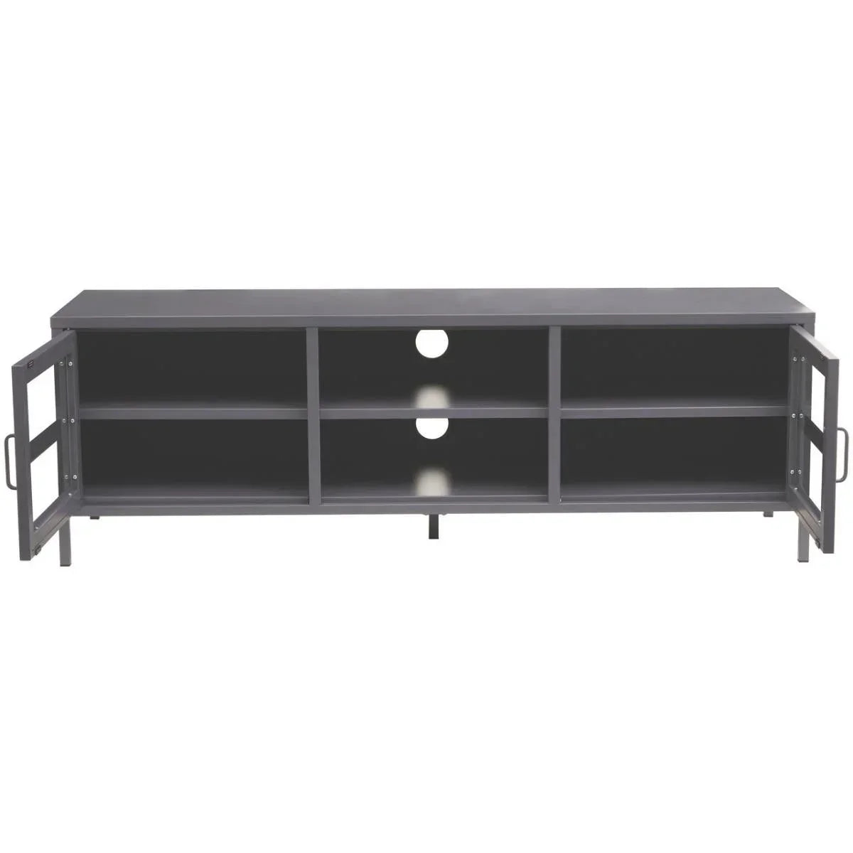 Grey metal TV unit with glass doors and open shelving, cable holes at the back