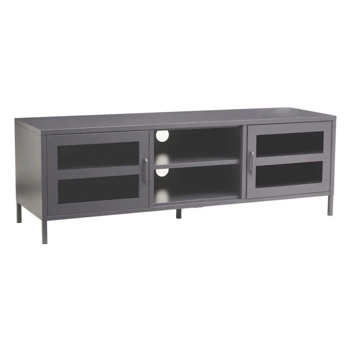 Grey metal TV unit with glass doors and open shelving, cable holes at the back
