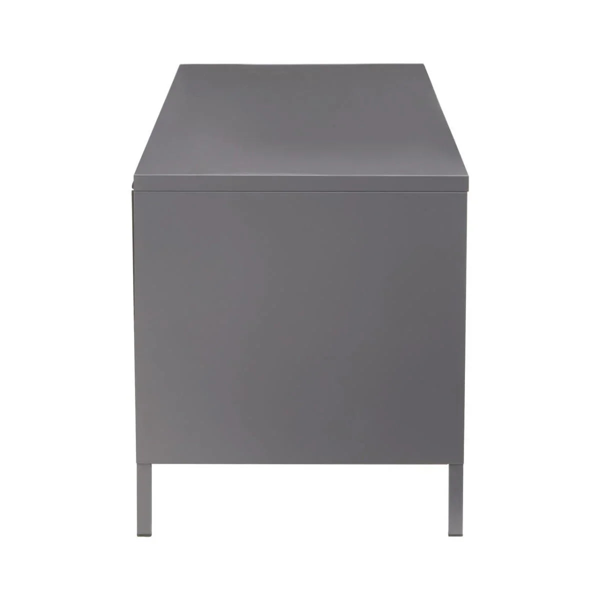 Side view of grey metal storage cabinet with flat top and sleek modern legs