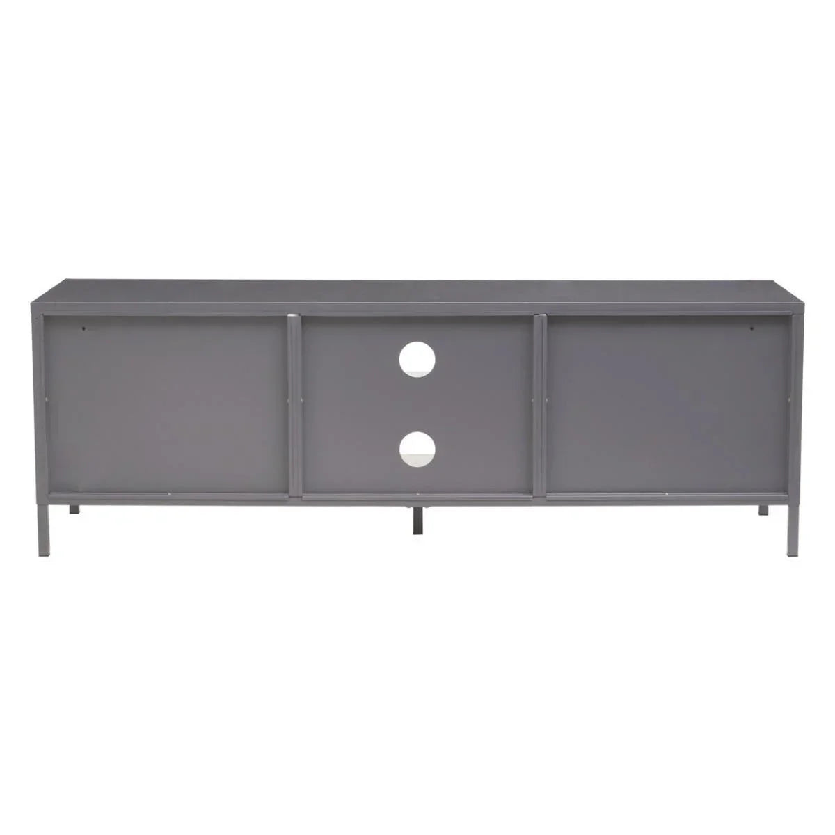 Grey metal TV unit rear view with cable management holes and minimalist frame