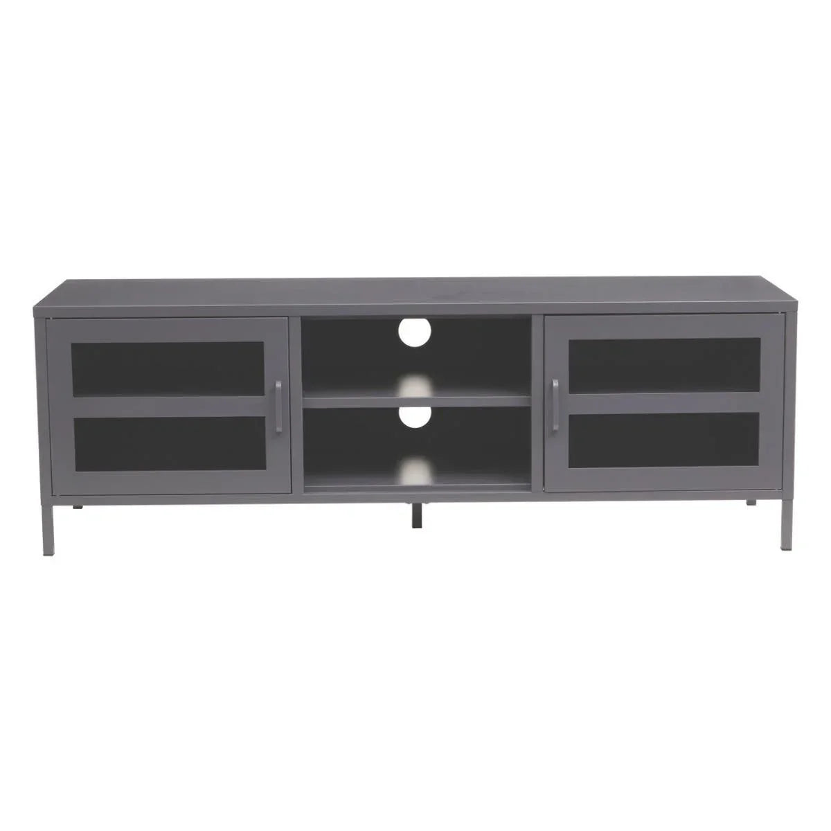 Grey metal TV unit with glass doors and open shelves, front view