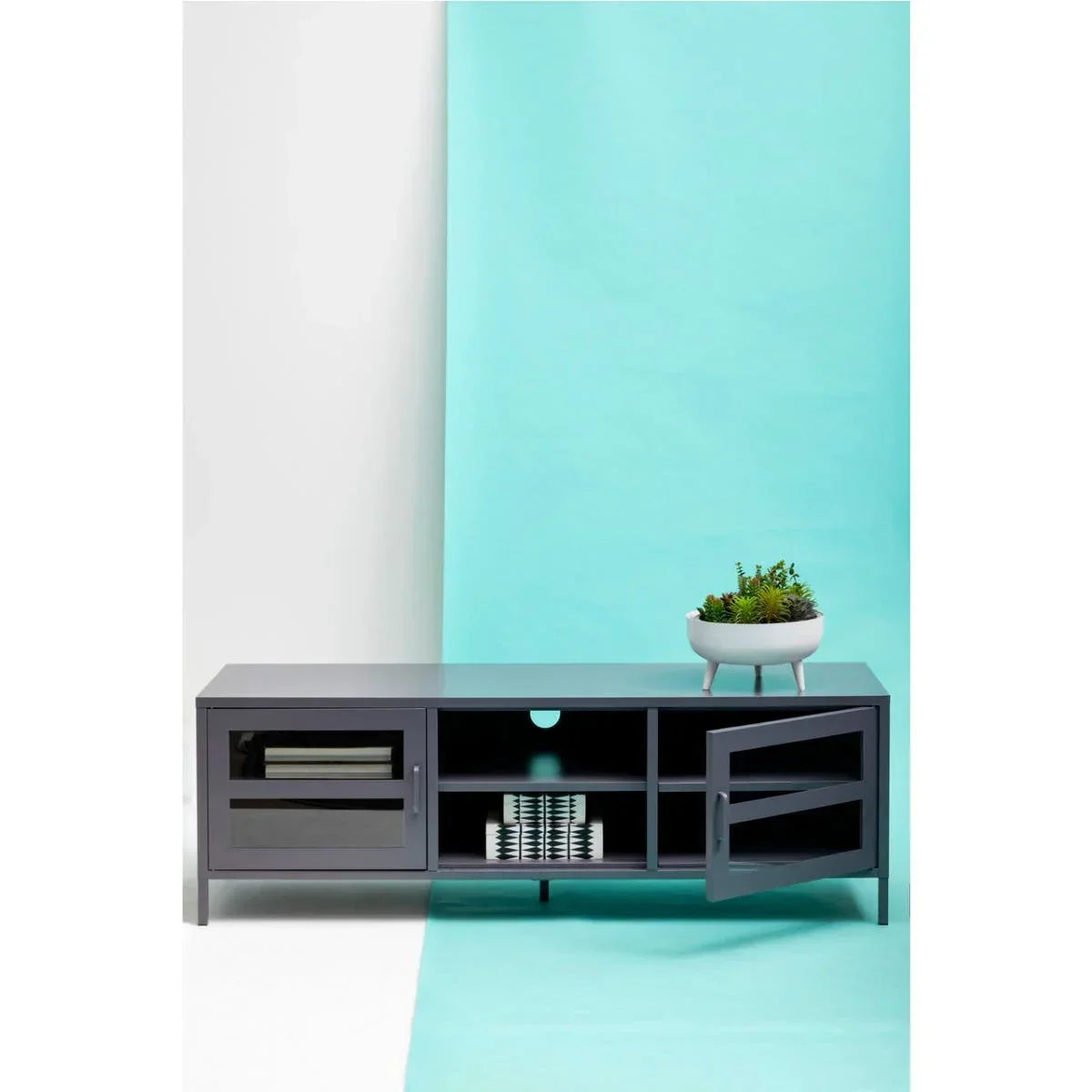 Grey TV unit with glass doors, shelves, and potted plant on top