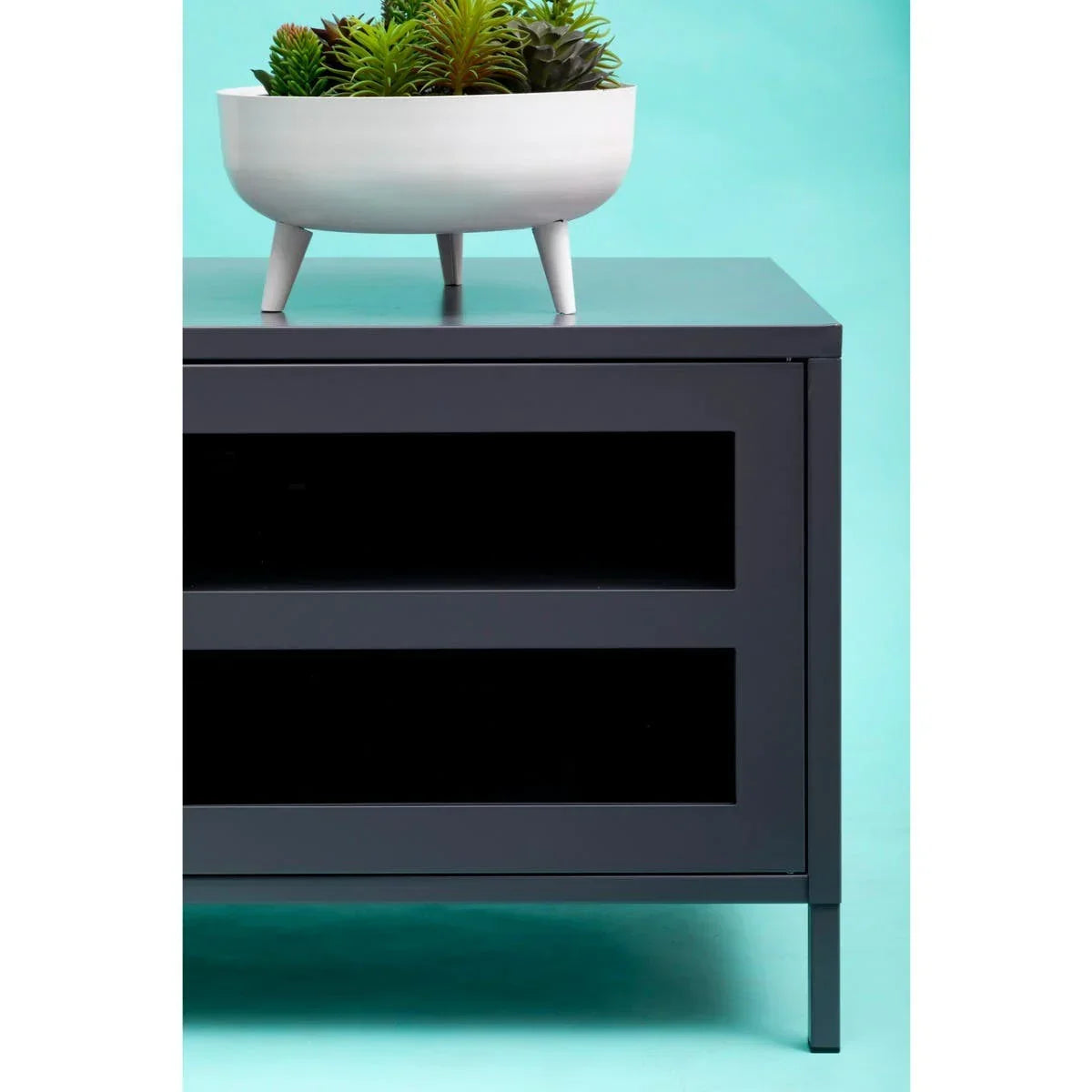 Black metal storage cabinet with glass doors and white planter on top