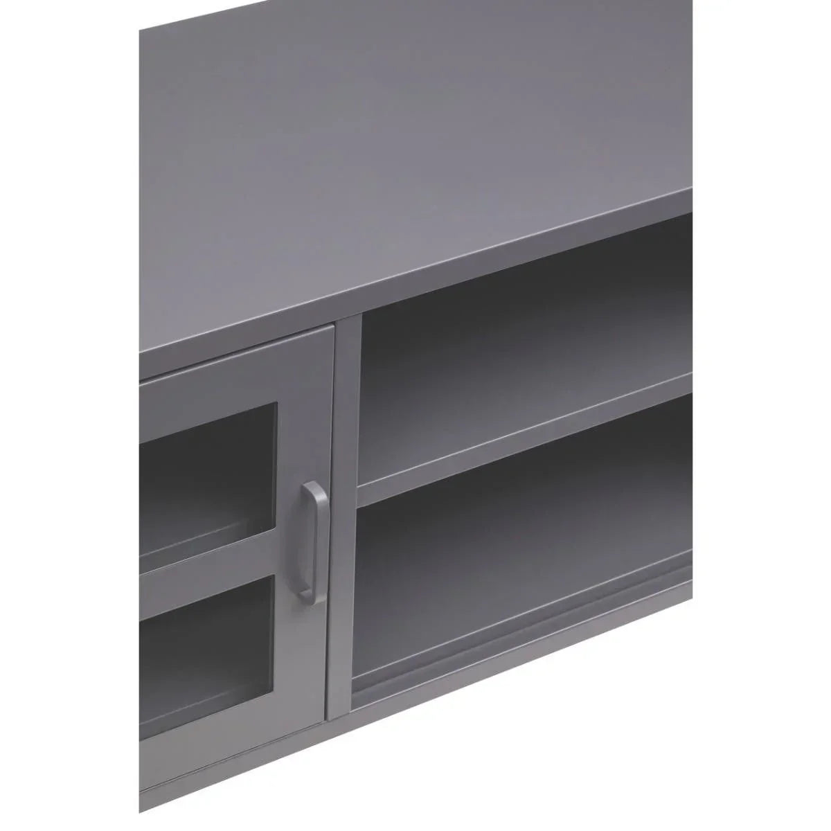 Grey media unit with glass door, handle, and open shelves, front corner detail view