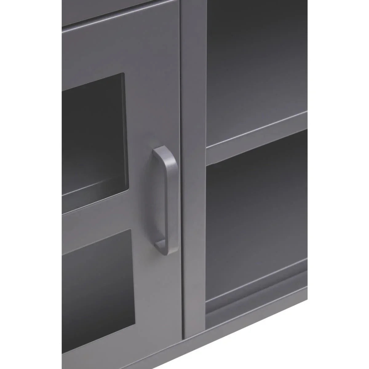 Grey storage cabinet close-up showing metal handle and glass panel door