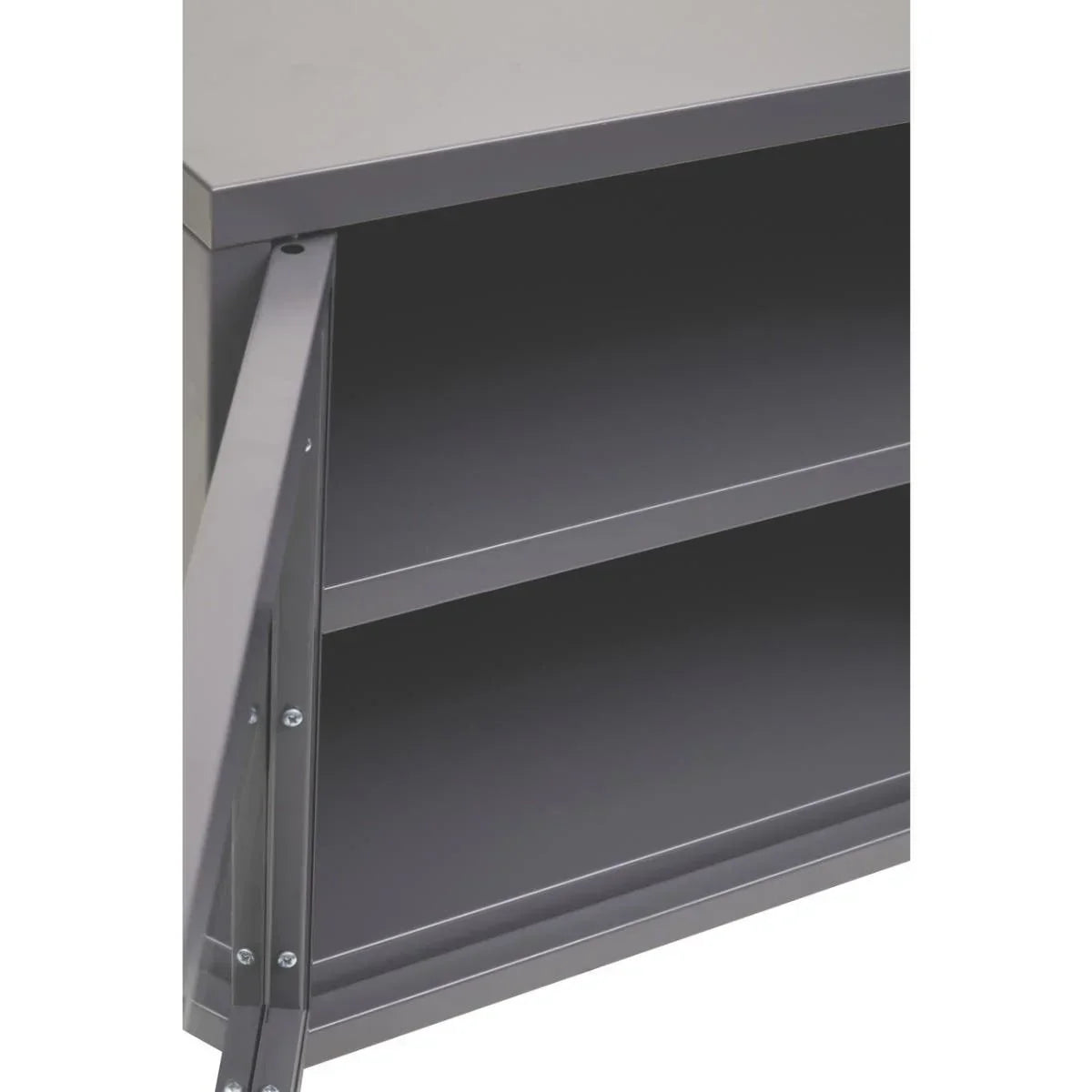 Grey metal storage cabinet open door showing interior shelf