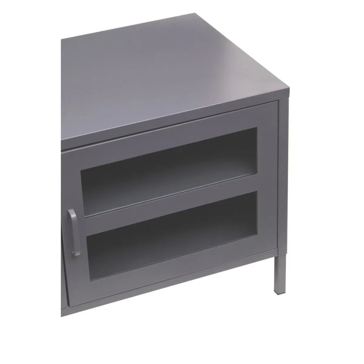 Grey metal bedside cabinet with glass door and open shelves, front angled view