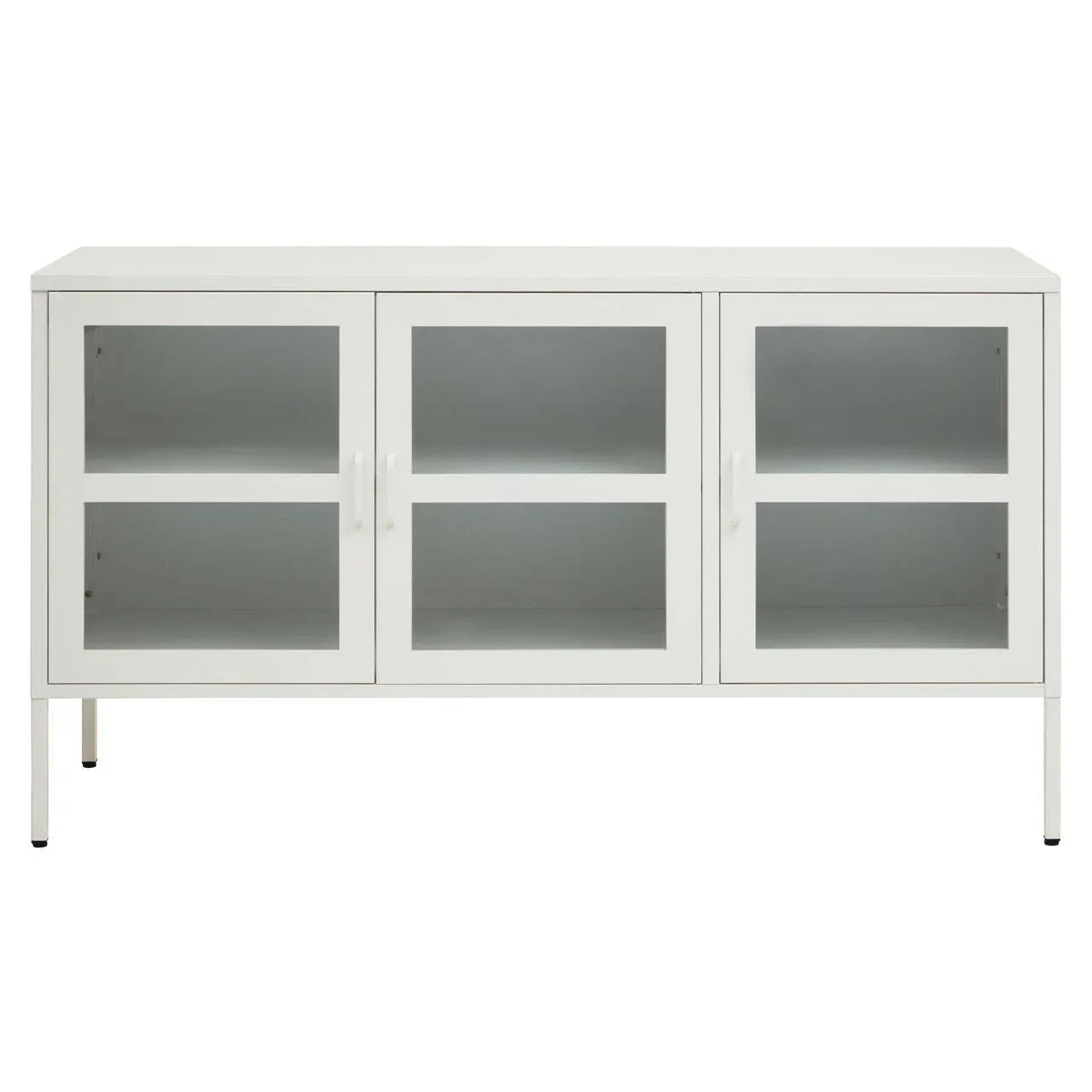 White sideboard cabinet with three glass doors and metal frame, shown front facing