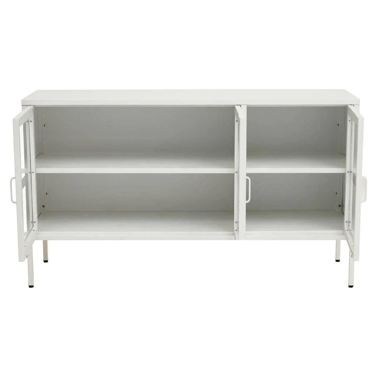 White metal sideboard cabinet with open shelves and glass doors, front view