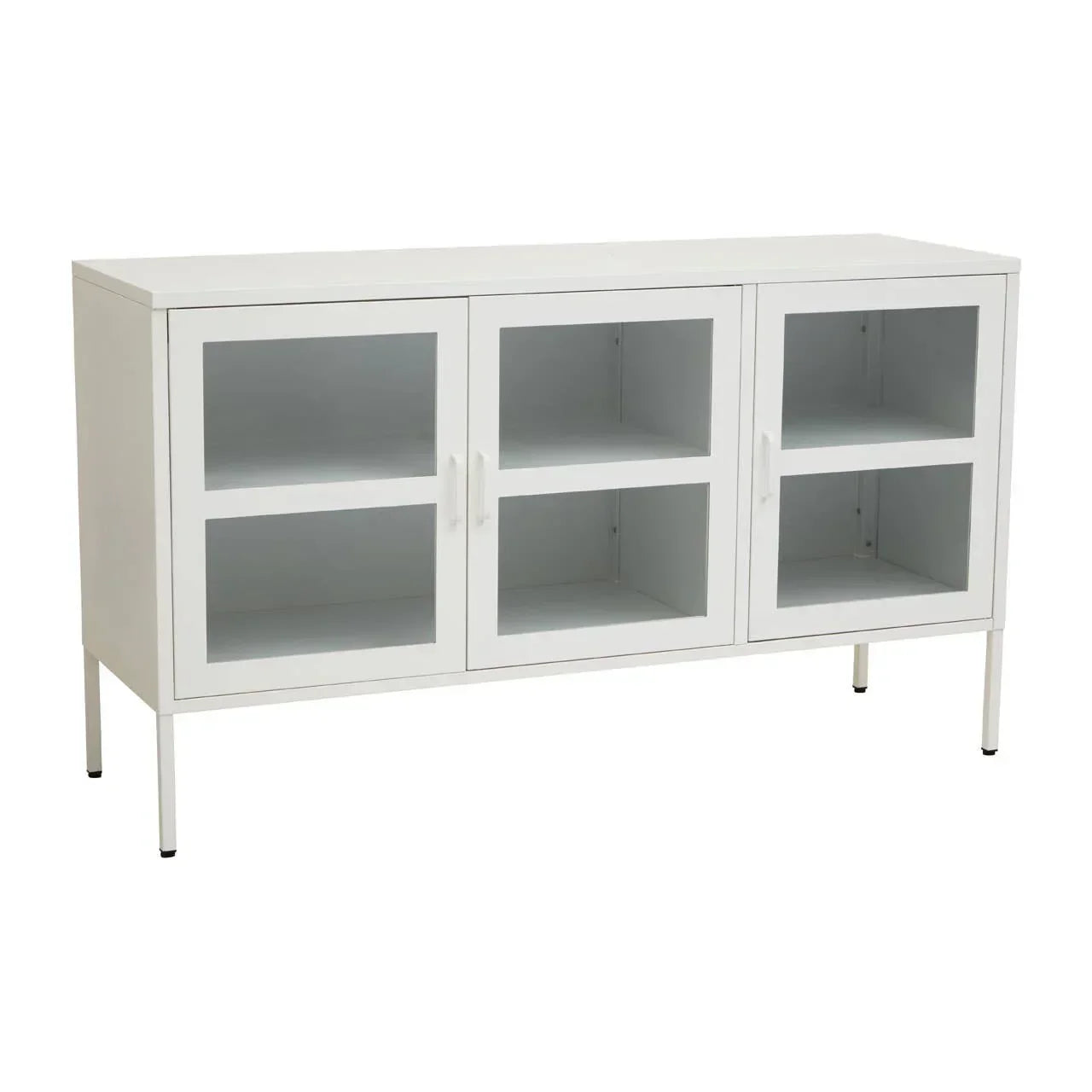 White sideboard cabinet with glass doors and shelves, modern metal frame, front view