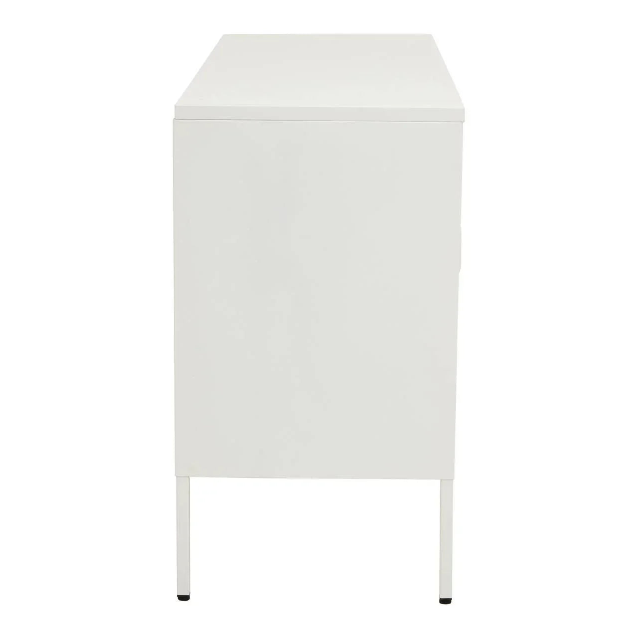 Side view of white storage cabinet with slim metal legs