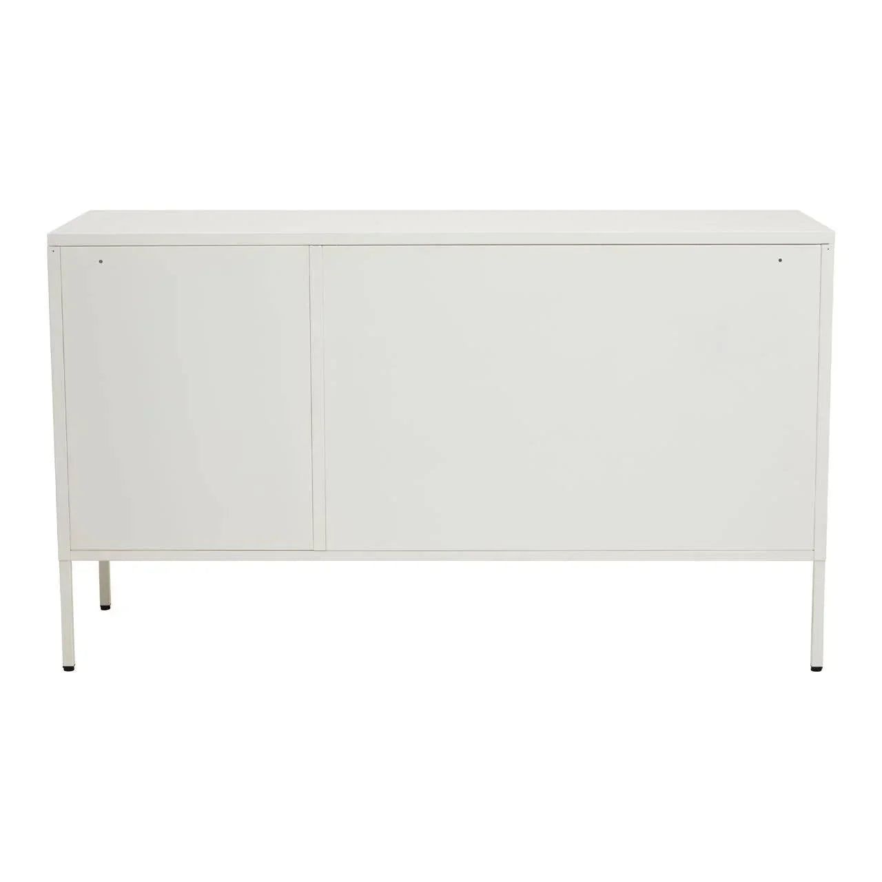 White sideboard cabinet with clean lines and slender metal legs, front view