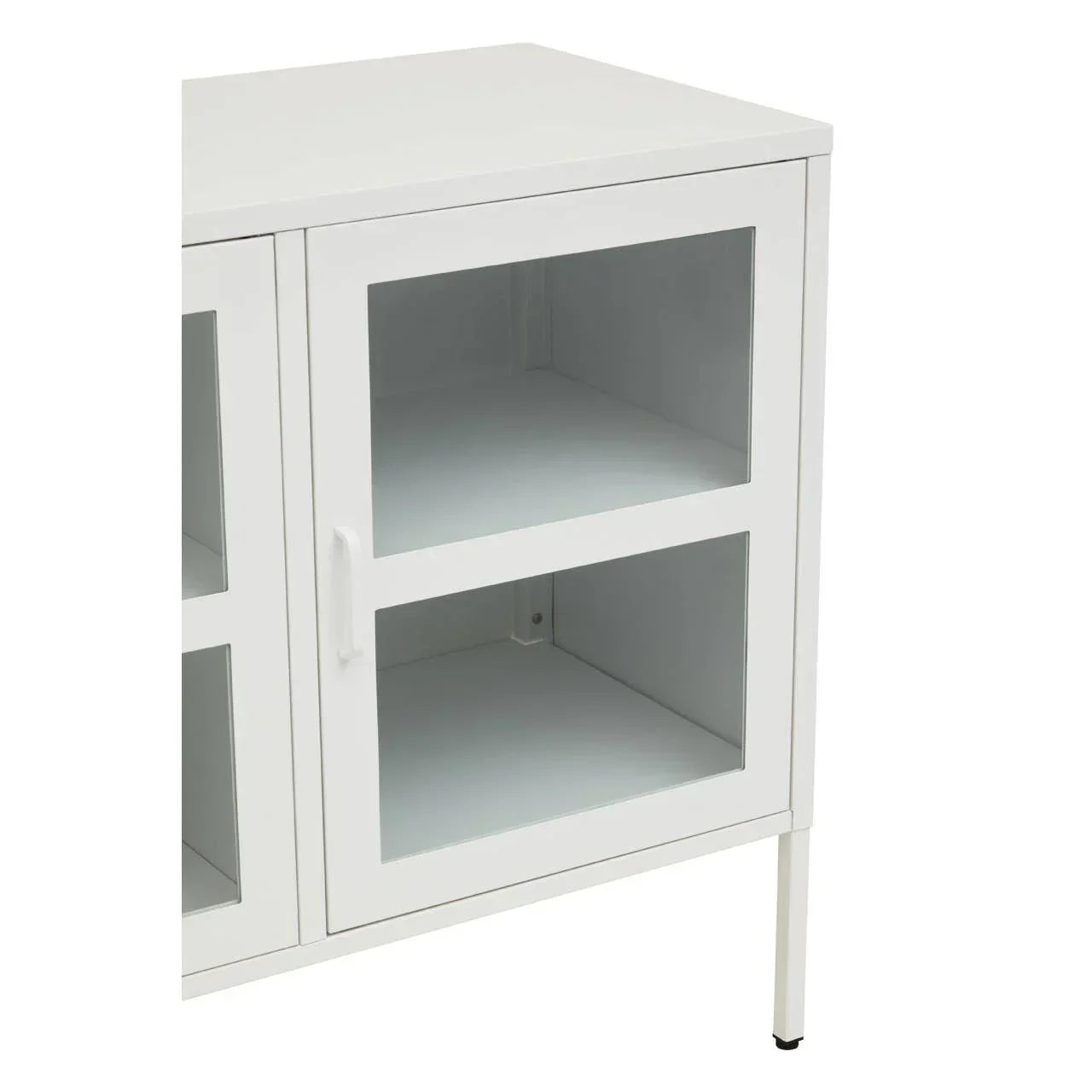 White metal storage cabinet with glass doors and shelves, shown from an angled front view