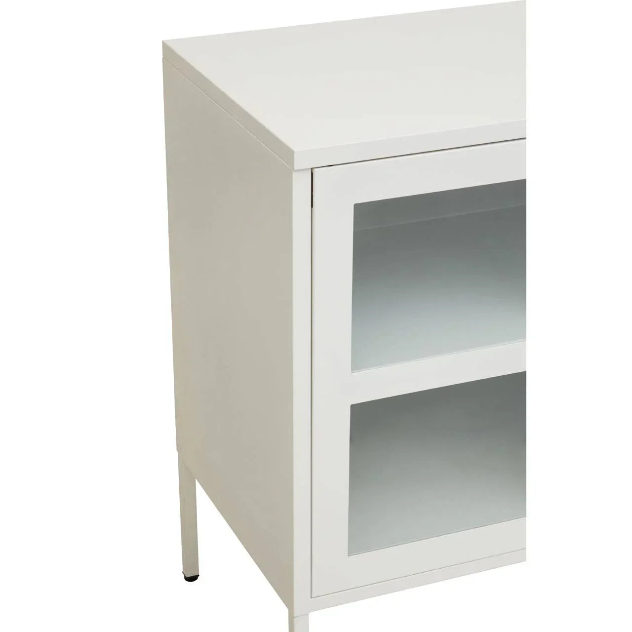 White storage cabinet with glass door and metal legs, angled side view