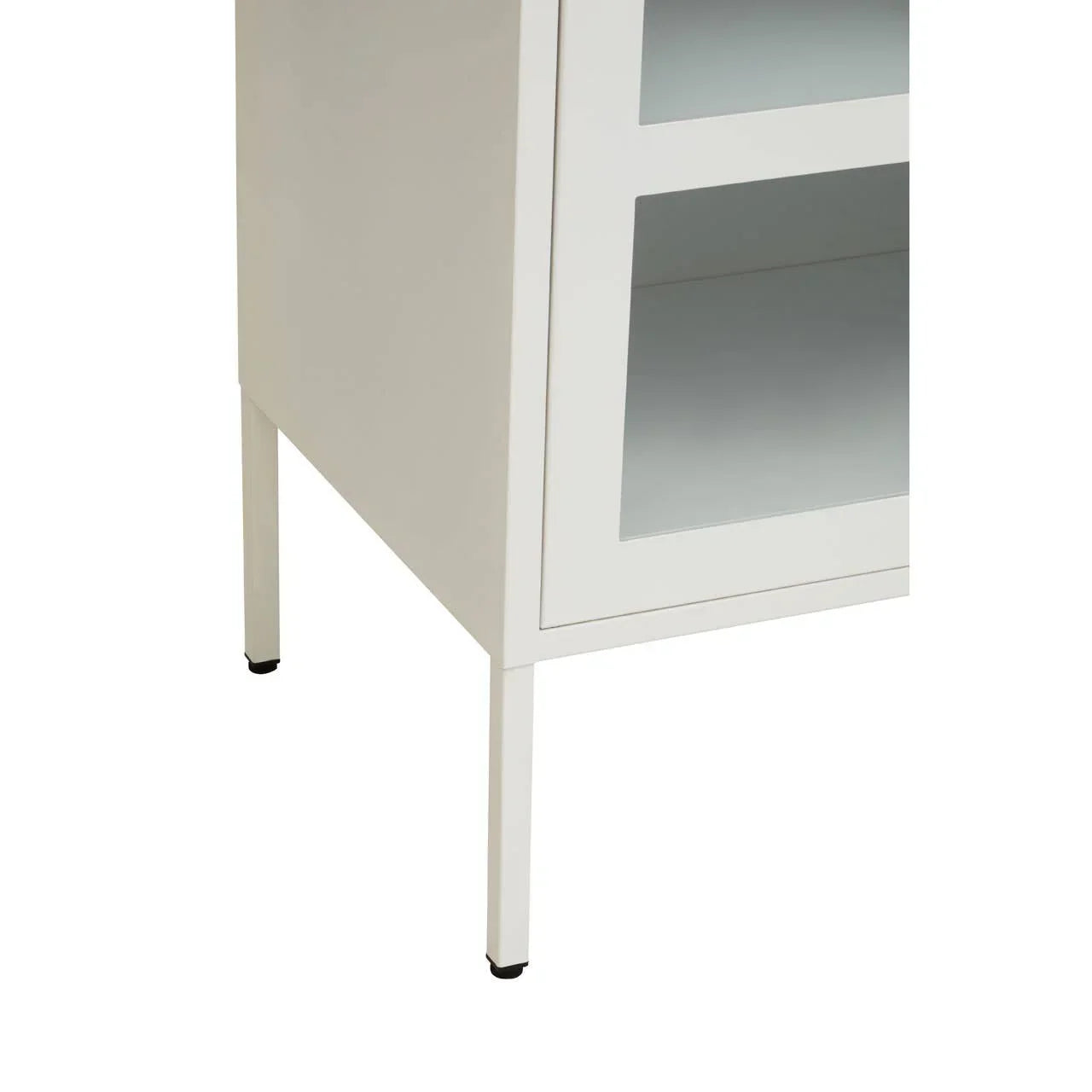 White metal cabinet leg and lower side view with glass door panel