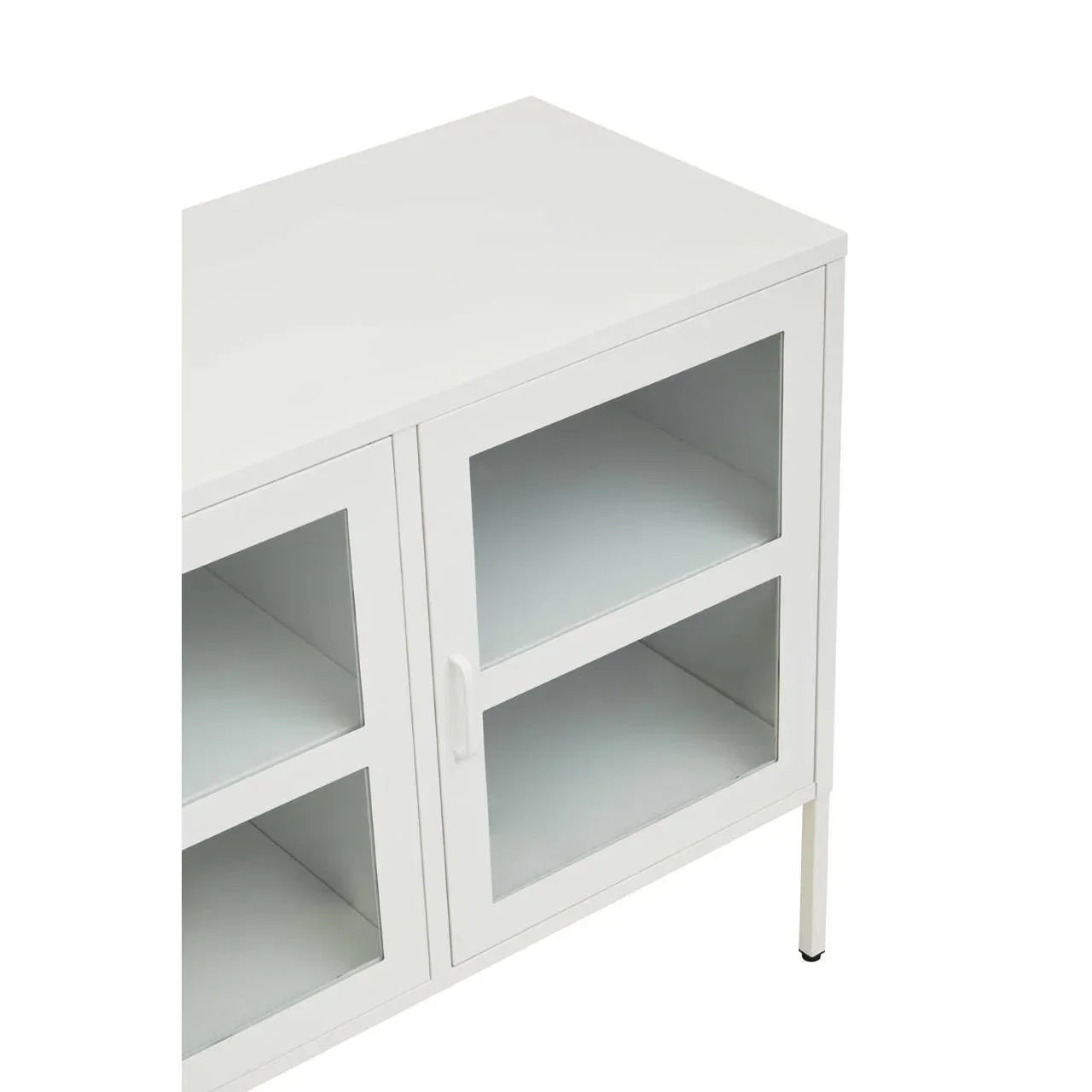 White storage cabinet with glass doors and shelves, corner angle view