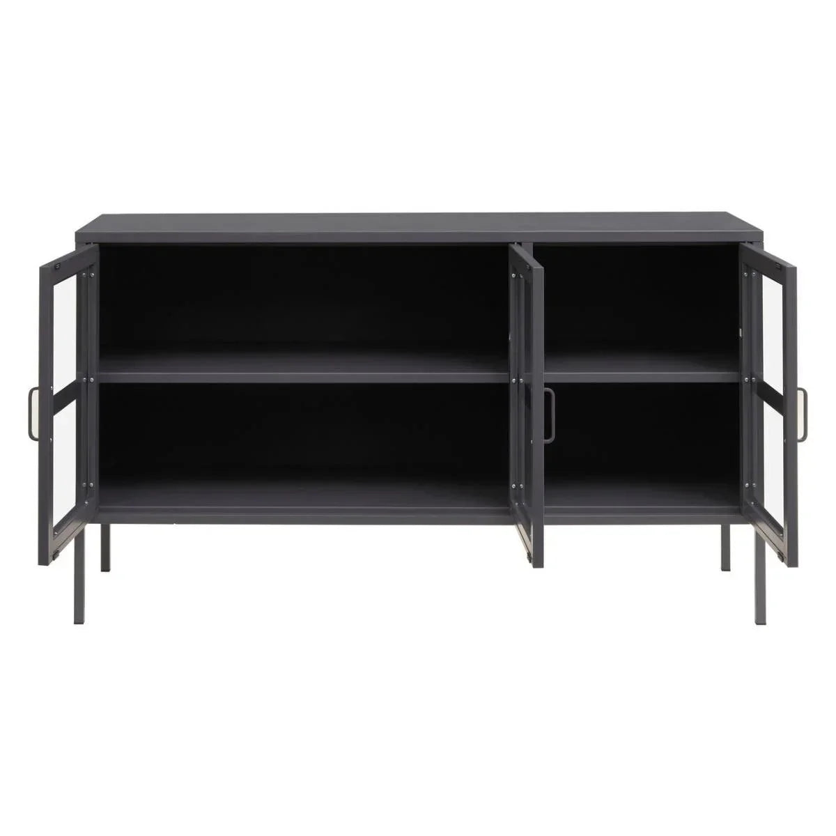 Black metal sideboard with glass doors open and two interior shelves, front view