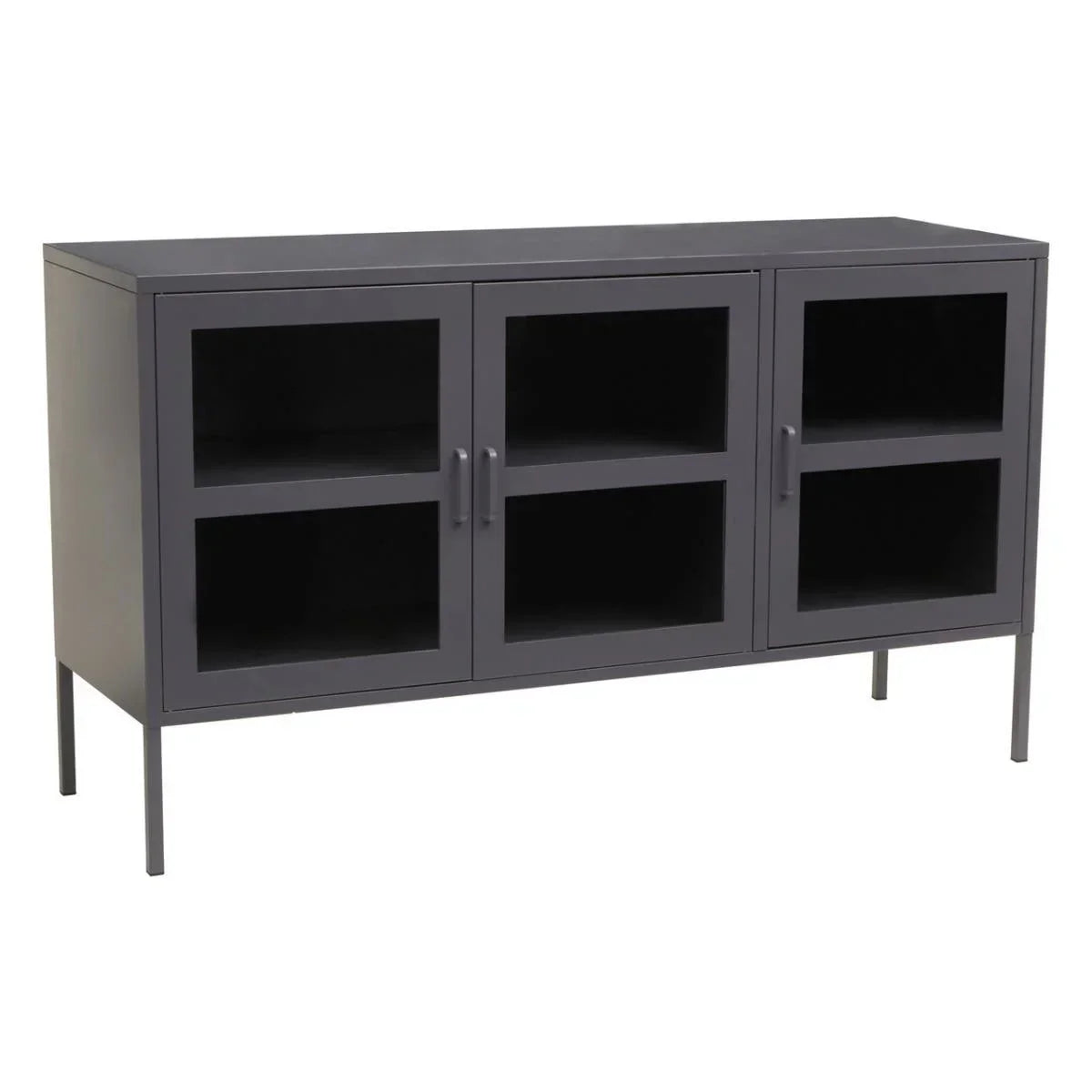 Grey metal sideboard with three glass-fronted cabinet doors and open shelving on legs