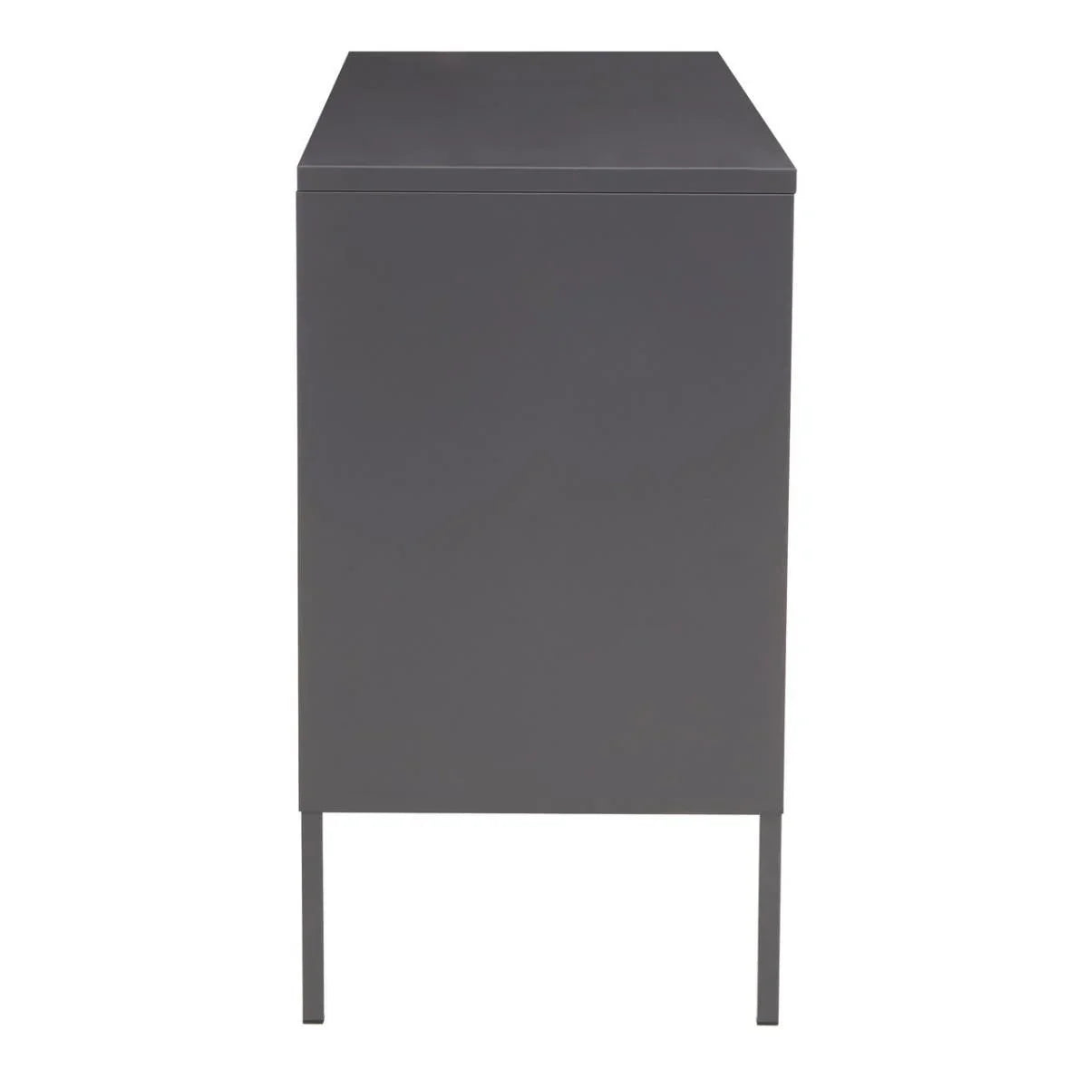 Side angle of grey metal storage cabinet with clean modern lines and slim legs