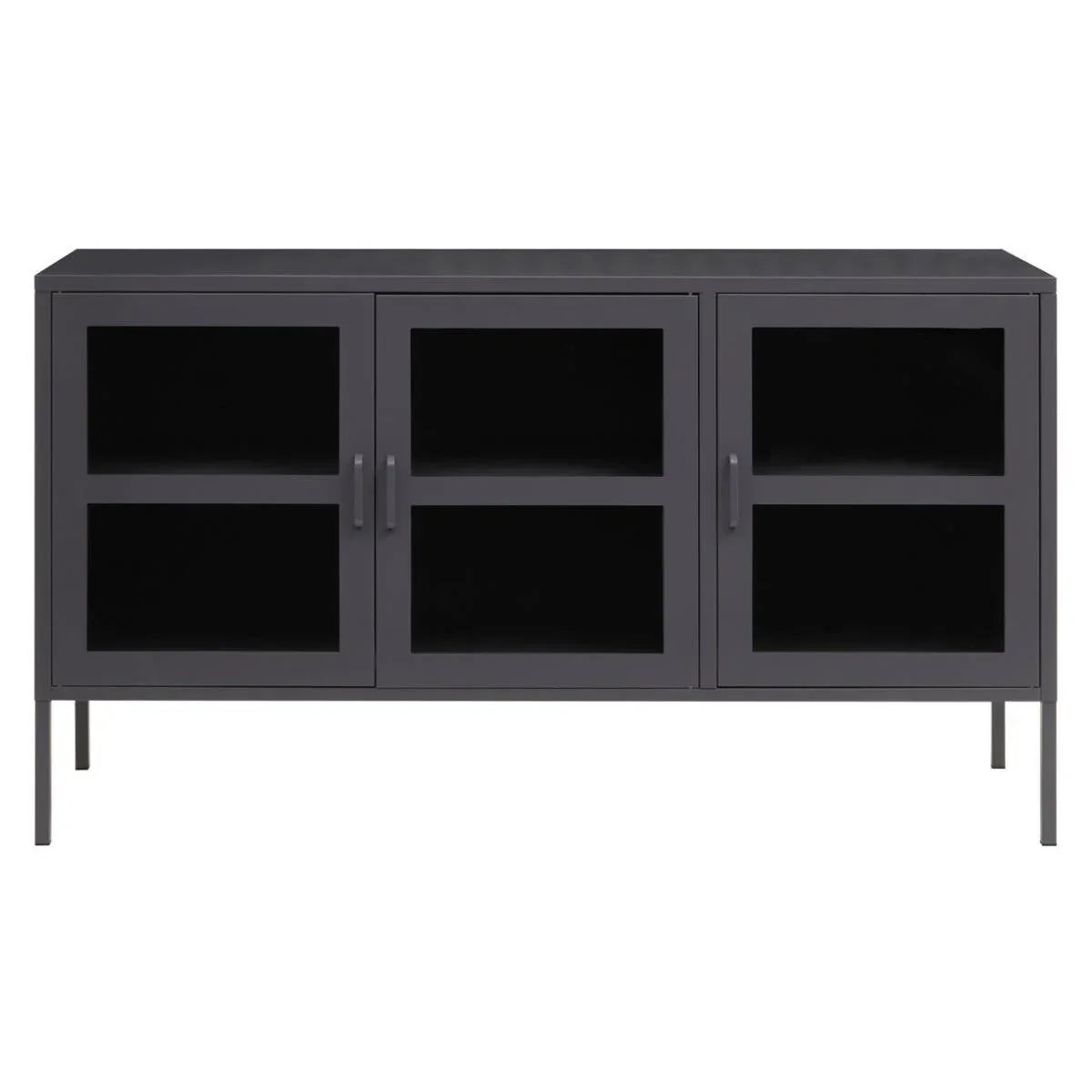 Black metal sideboard cabinet with glass doors and three compartments, front view