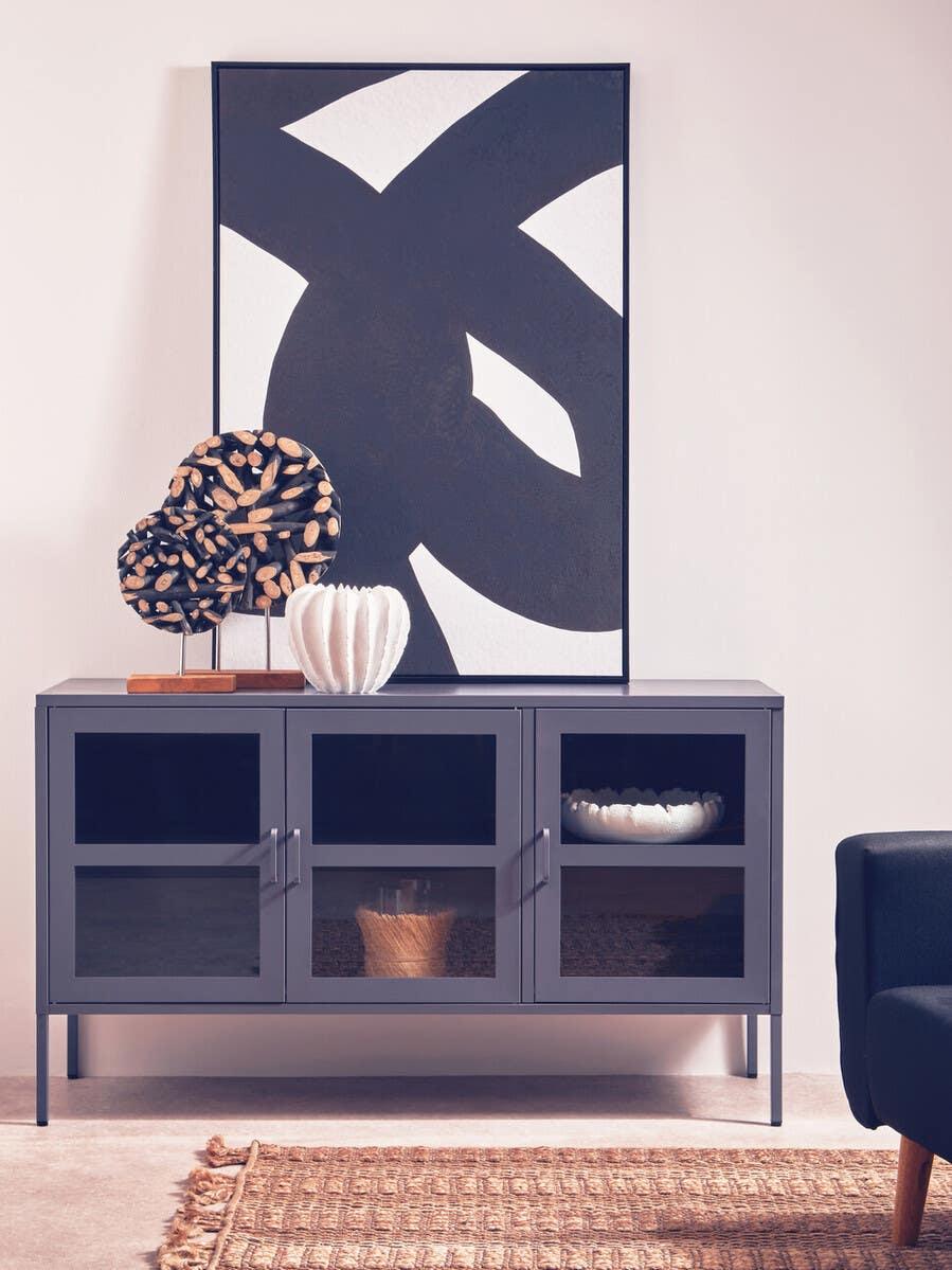 Grey Metal Sideboard with Glass Doors and Adjustable Shelves