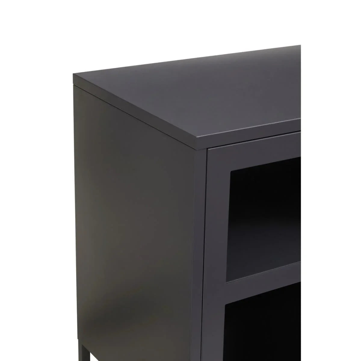 Black metal cabinet close-up showing smooth top and open shelving