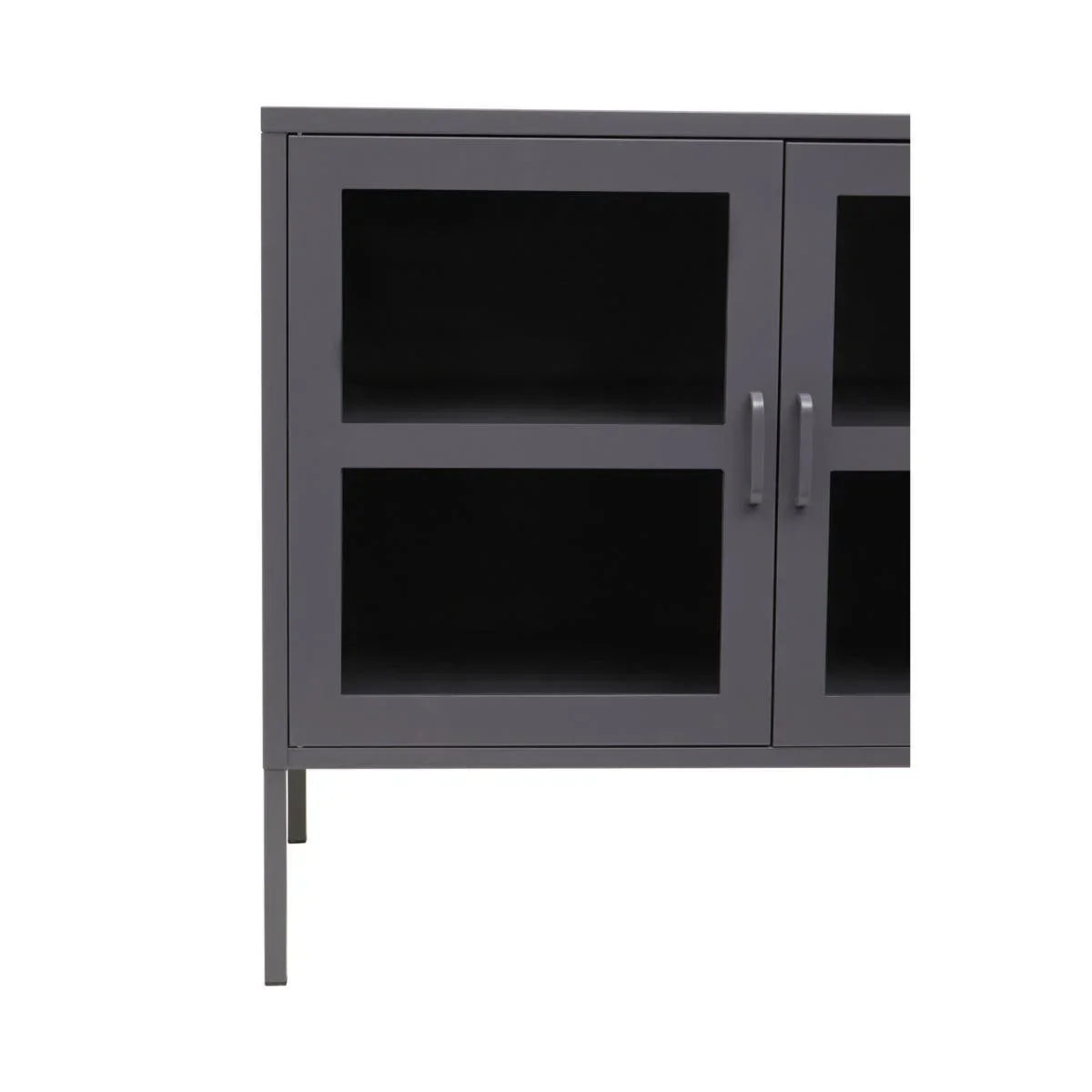 Grey metal storage cabinet with glass doors and minimalist handles, left side view