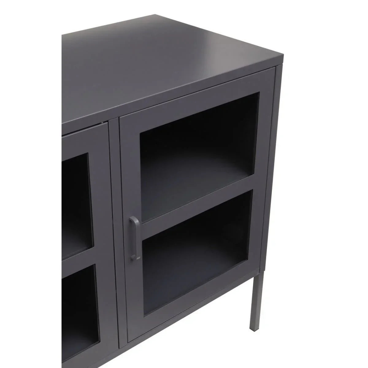 Grey metal storage cabinet with glass front door and shelf, shown from a side angle