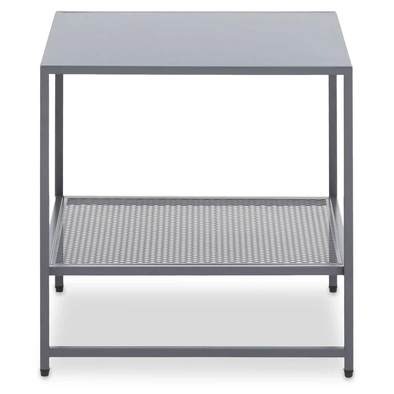 Grey metal side table with solid top and lower mesh shelf, front view