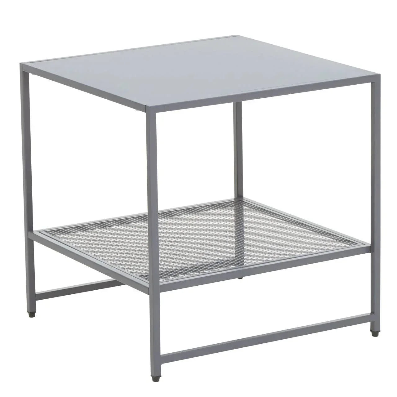 Square metal side table with glass top and lower mesh storage shelf, grey finish