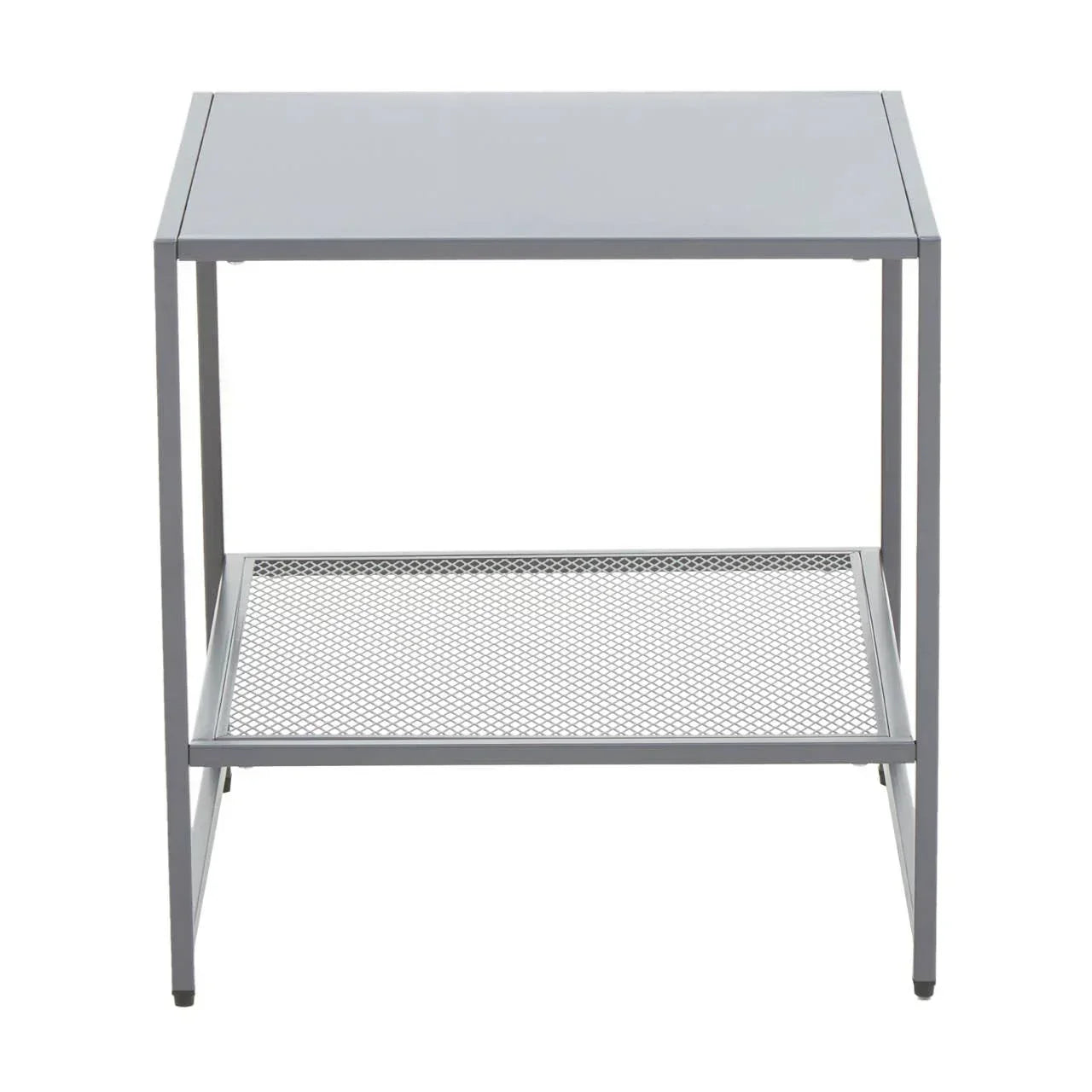 Modern metal side table with grey top and mesh lower shelf, front view