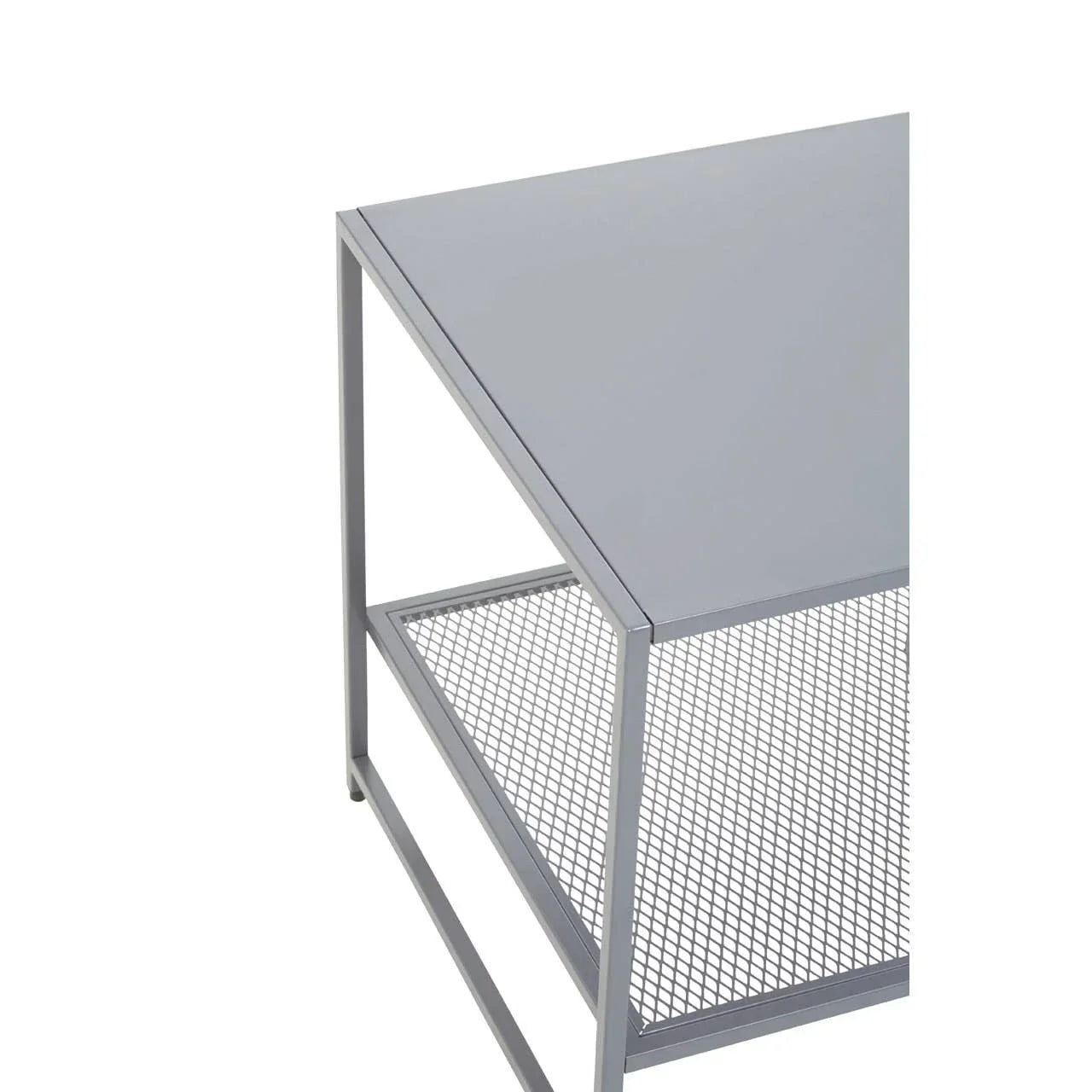 Modern metal side table with mesh shelf in silver finish, angled corner view