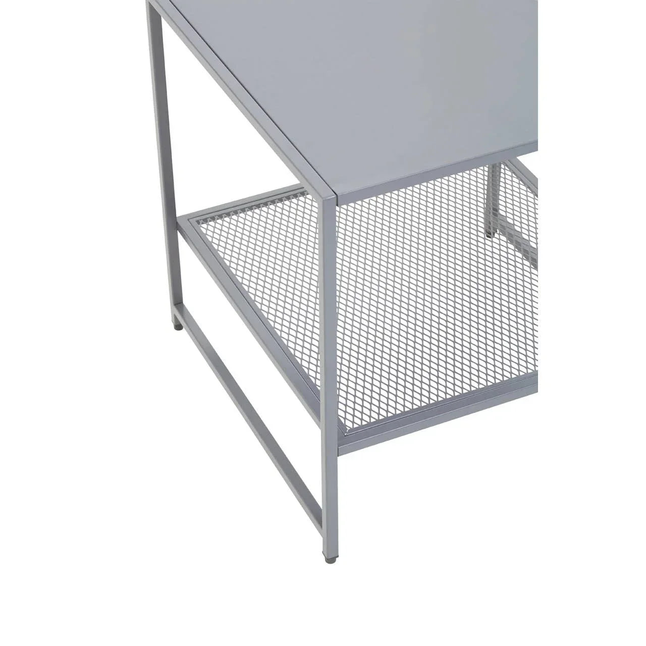 Metal desk corner with grey tabletop and wire mesh lower shelf
